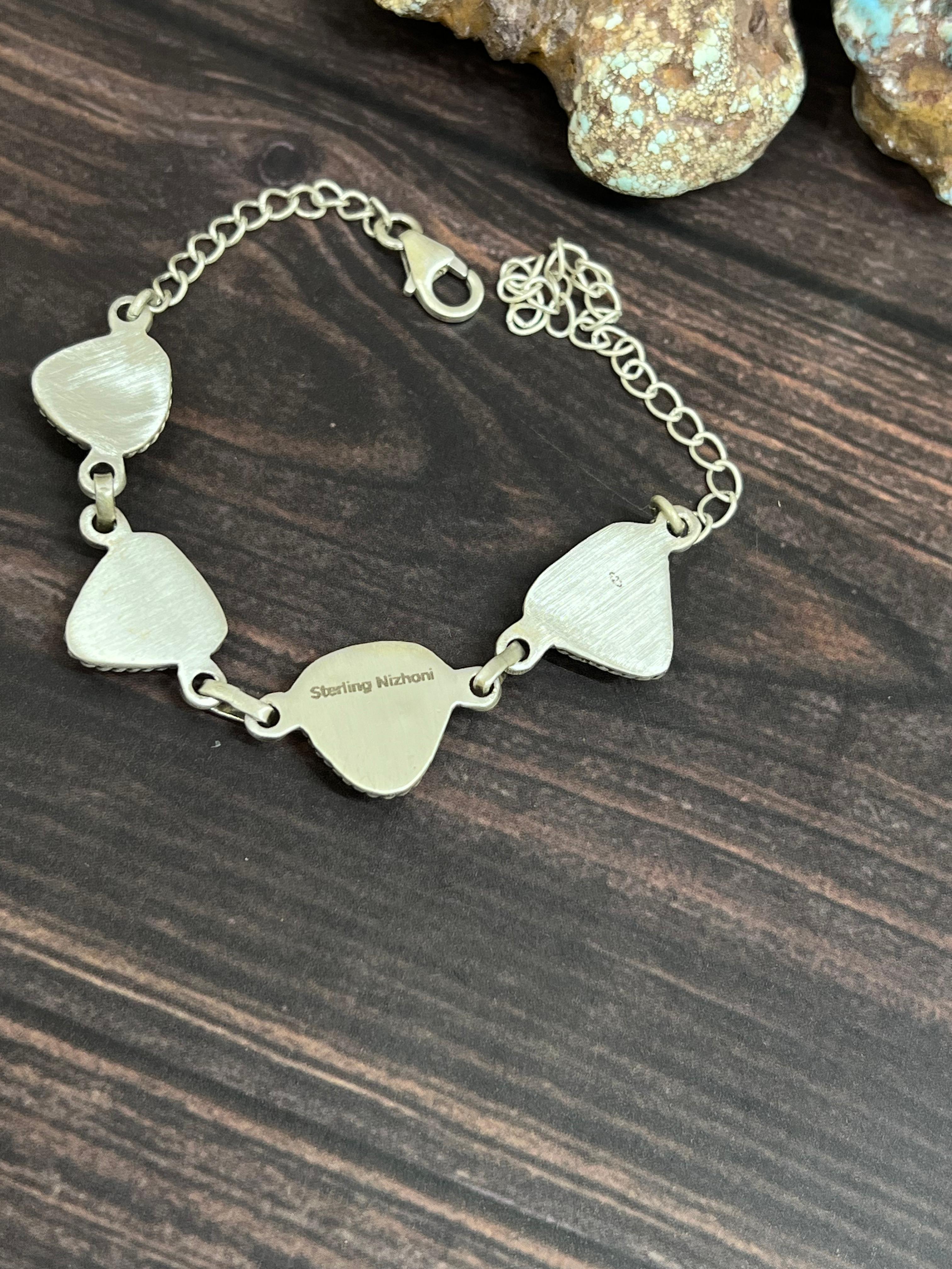 Handmade Sterling Silver Golden Hills Turquoise Chain Bracelet with Signed Nizhoni