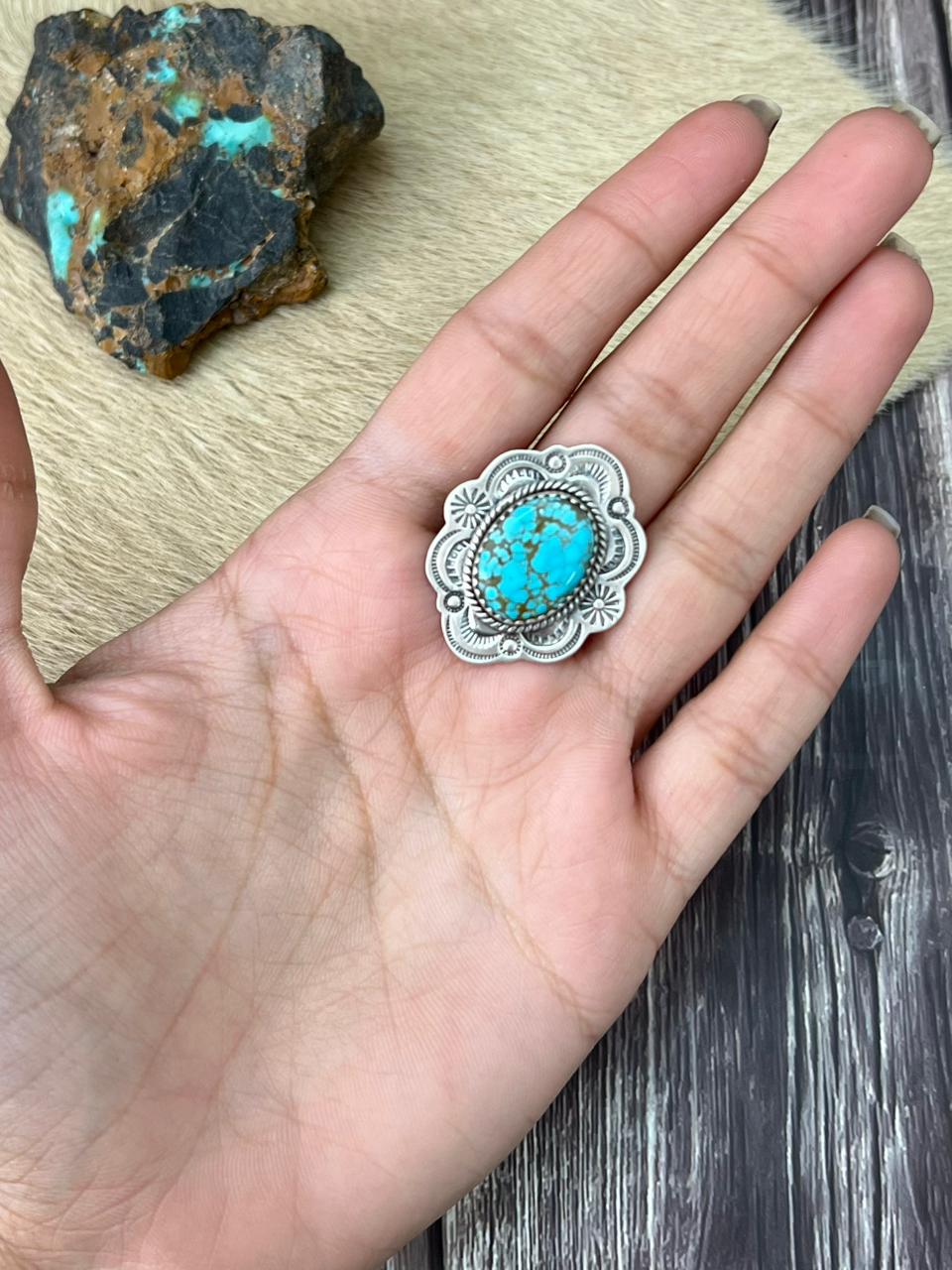 Handmade Sterling Silver Number 8 Turquoise Adjustable Ring "Signed Nizhoni"