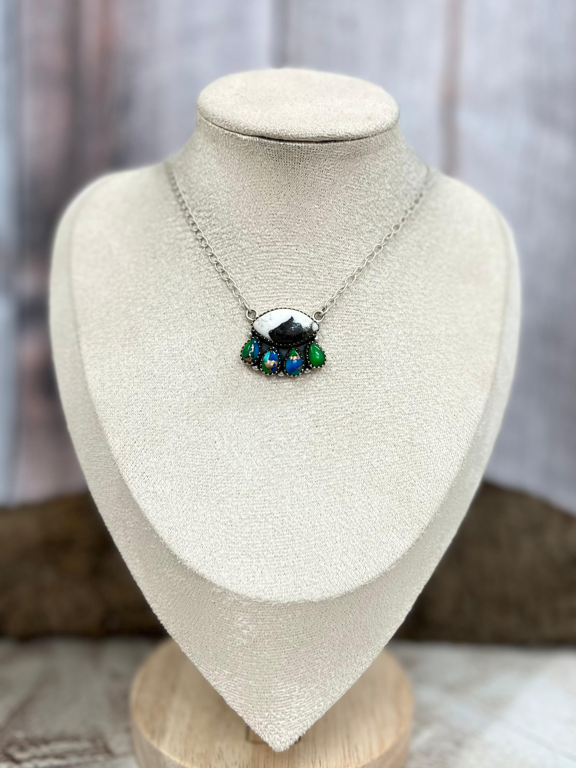 Handmade Sterling Silver White Buffalo with Peacock Dahlia Necklace with Signed Nizhoni