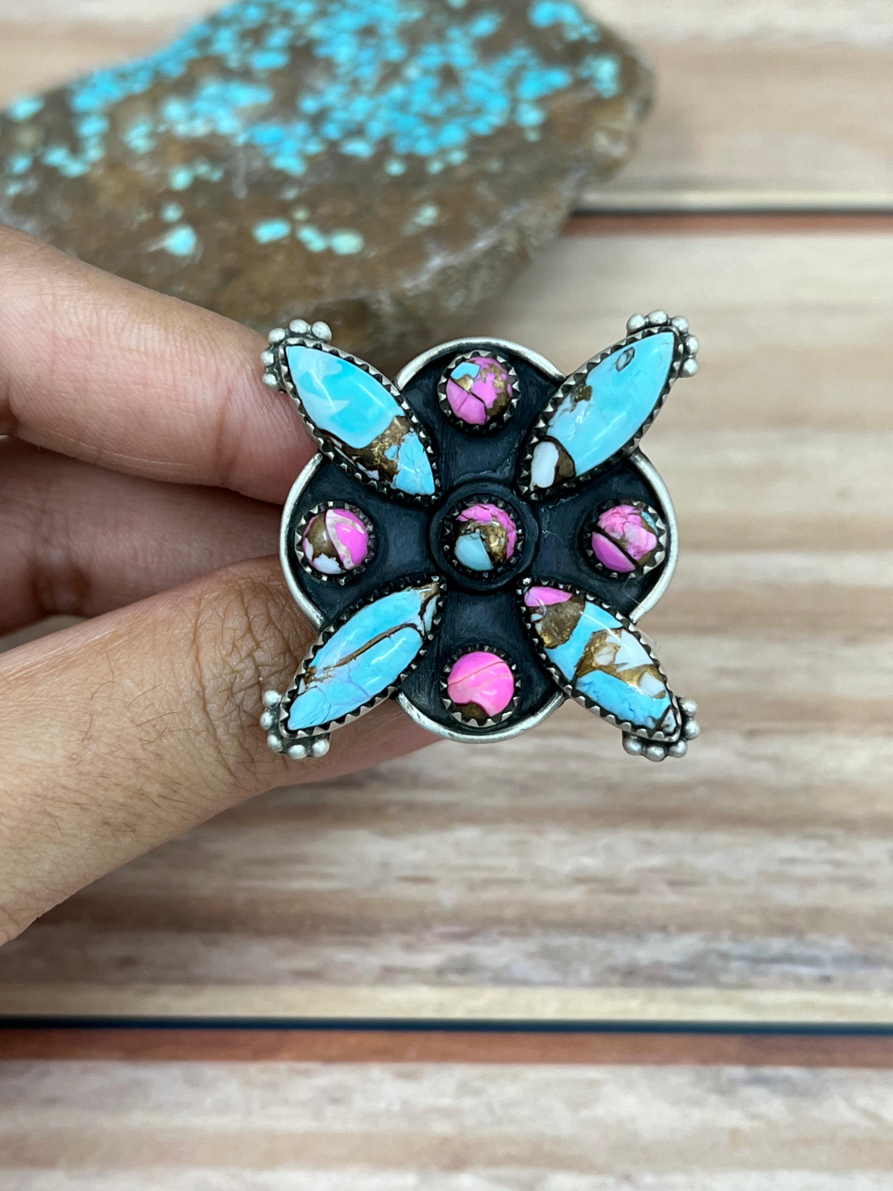 Handmade Sterling Silver Cotton Candy Turquoise Adjustable Ring with Signed Nizhoni