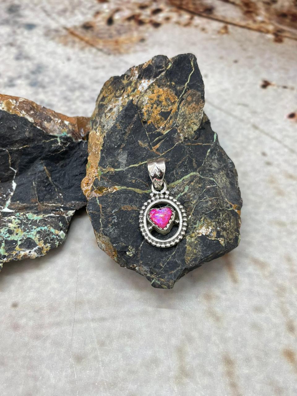 "Heart Collection" Handmade Sterling Silver Hot Pink Pendant "Signed Nizhoni"