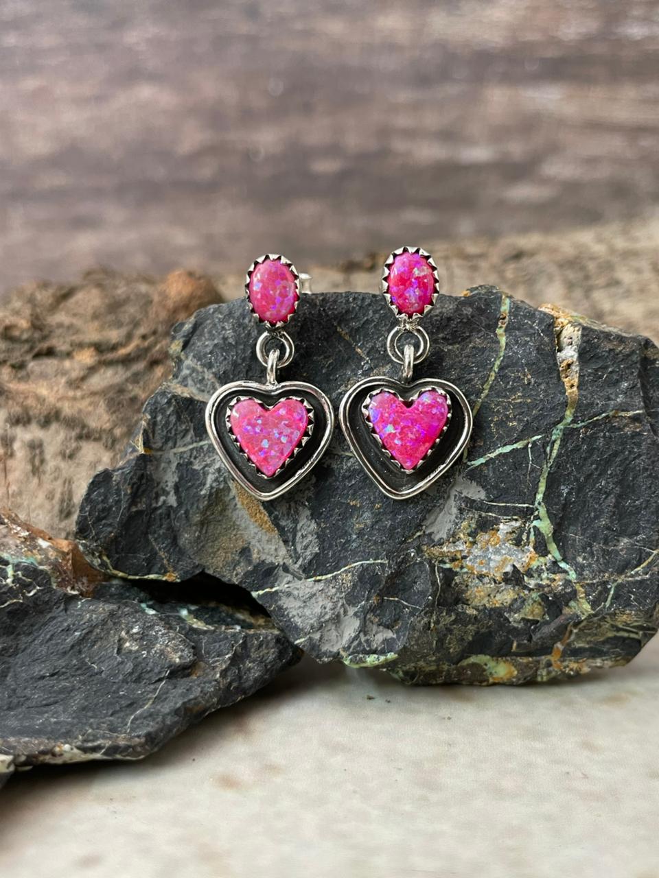 "Heart Collection" Handmade Sterling Silver Hot Pink Post Dangle Earrings "Signed Nizhoni"