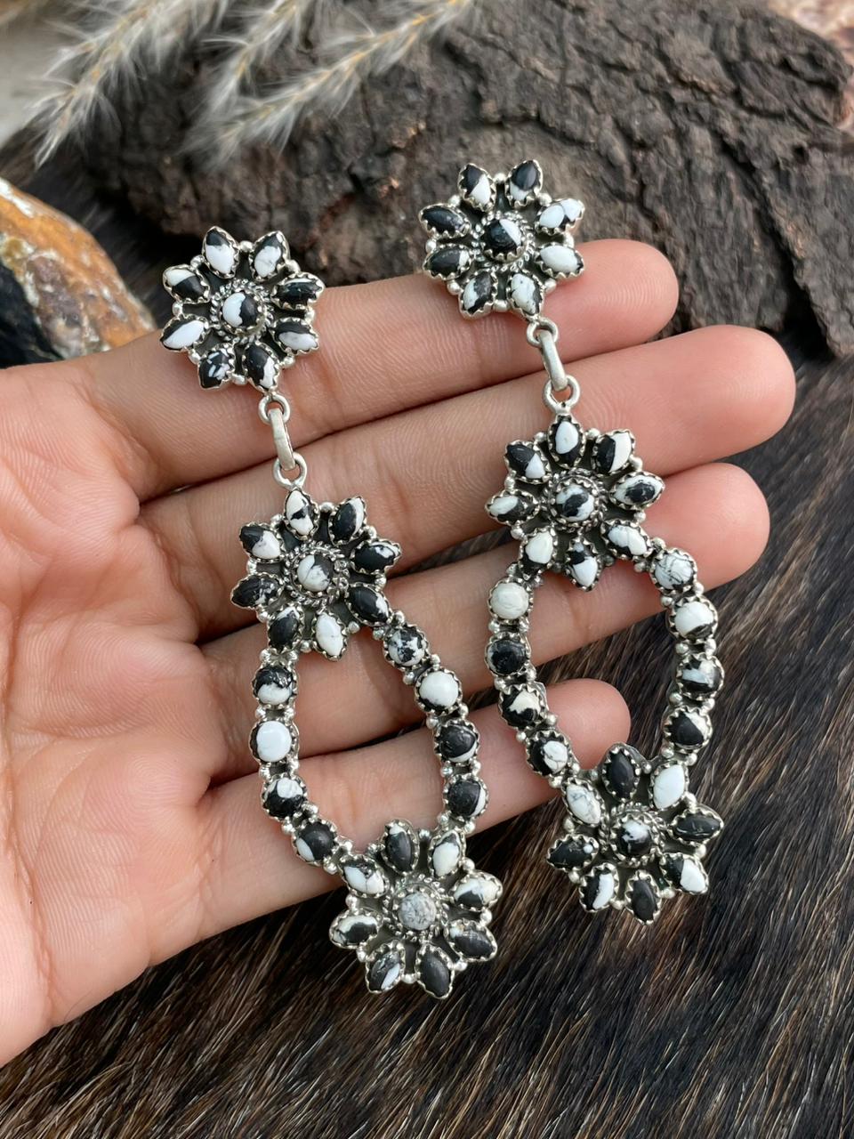 Handmade Sterling Silver White Buffalo Post Dangle Earrings "Signed Nizhoni"