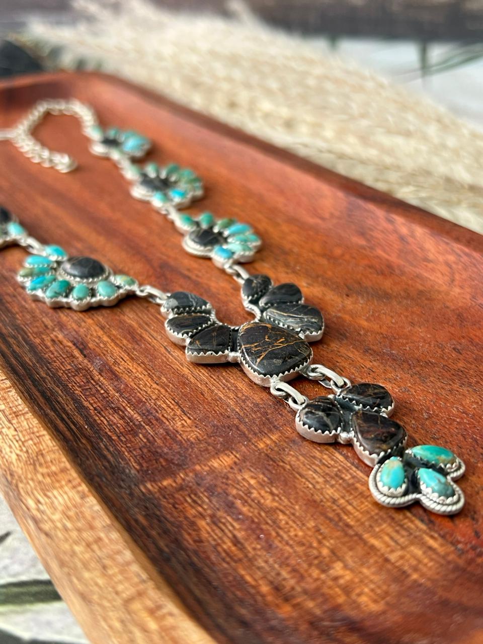 Handmade Sterling Silver Blackjack with Kingman Turquoise Necklace "Signed Nizhoni"