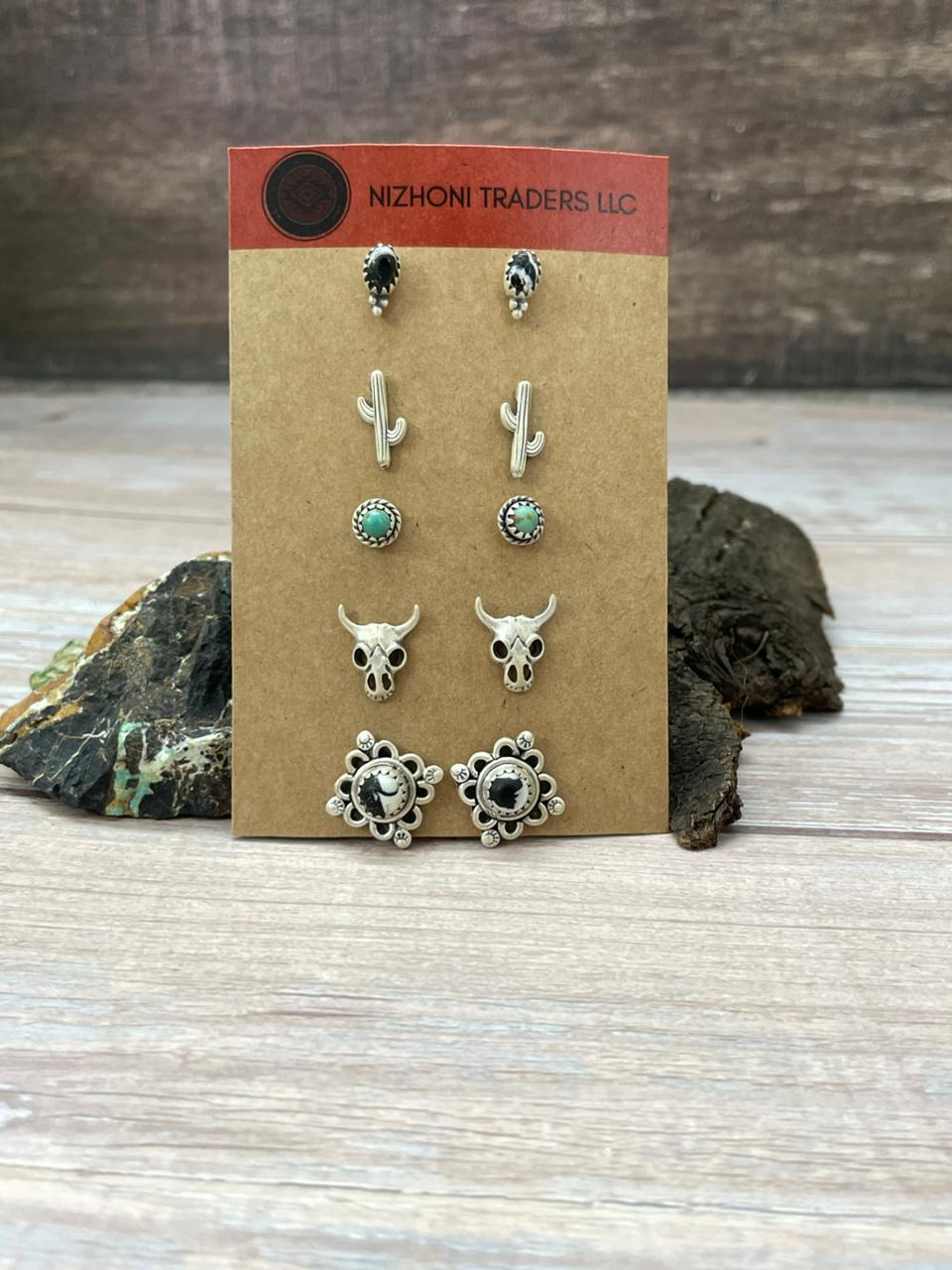 Handmade Sterling Silver White Buffalo with Kingman Turquoise Studs (Cards) Earrings Set