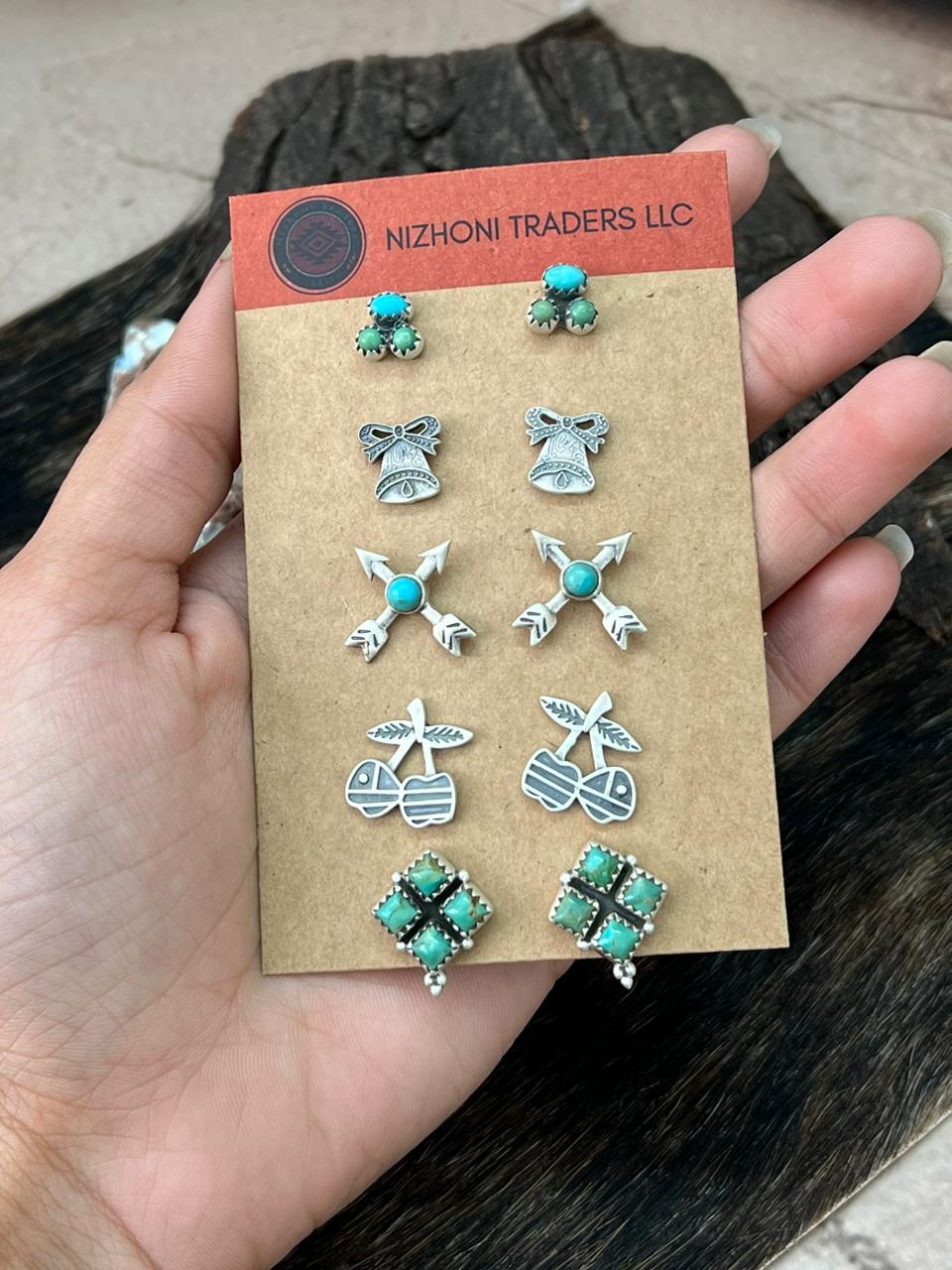 Handmade Sterling Silver Kingman Turquoise Post Studs Earrings Set