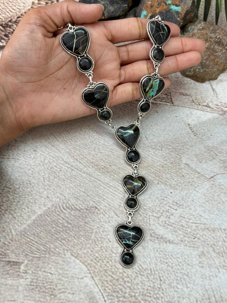 Handmade Sterling Silver Blackjack Turquoise Heart Necklace "Signed Nizhoni"