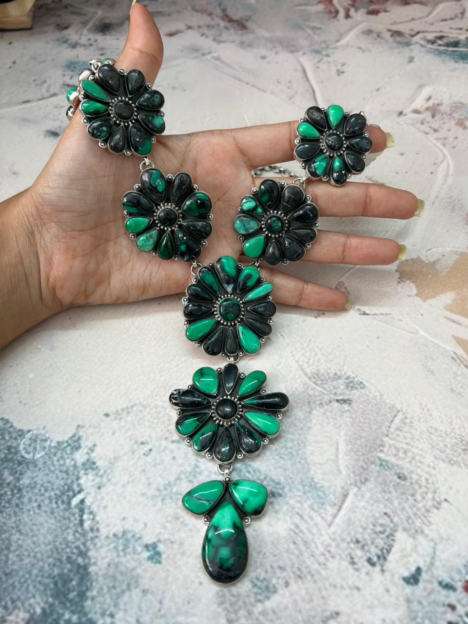 Handmade Sterling Silver Emerald Rose Necklace "Signed Nizhoni"