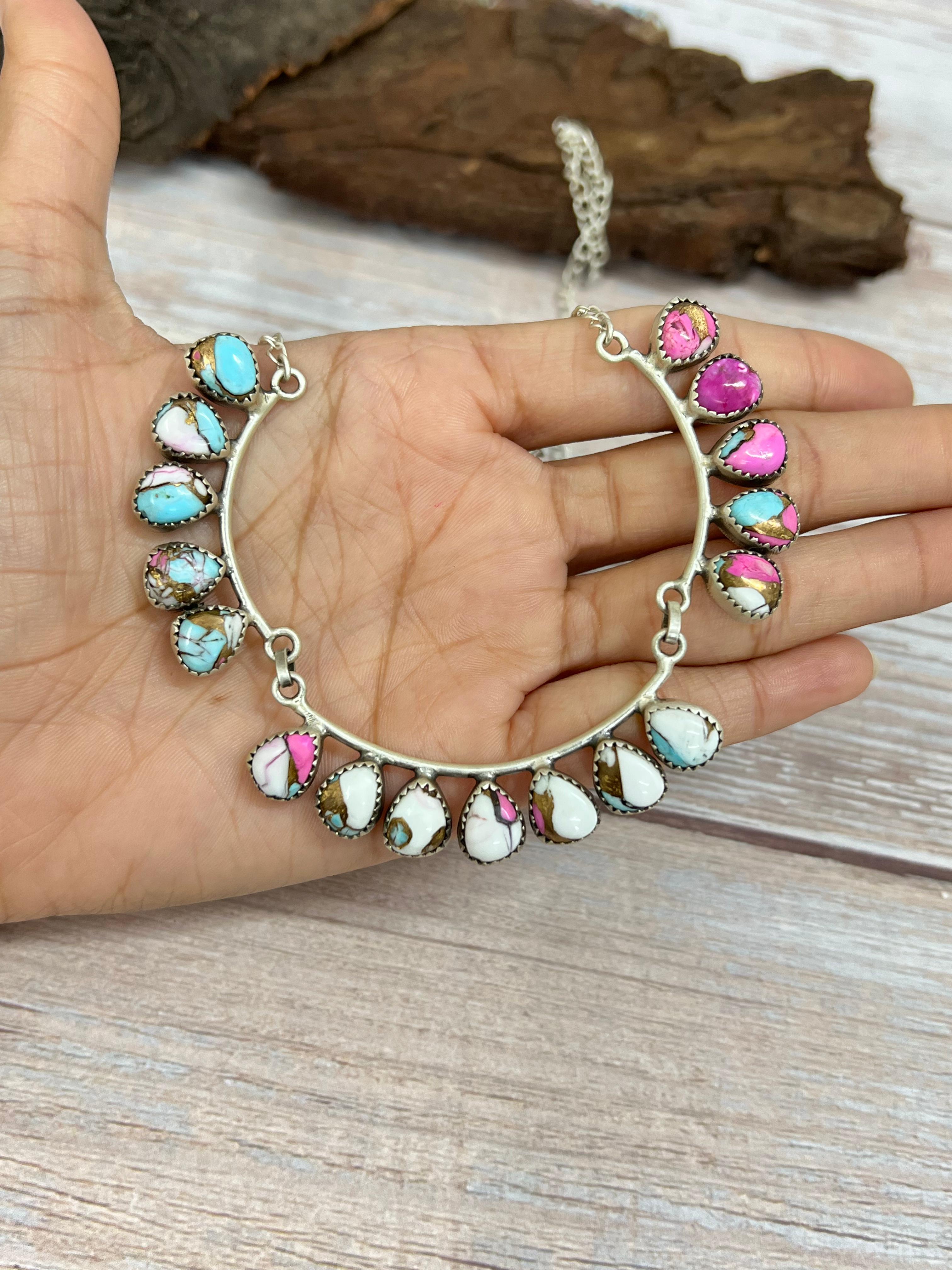 Handmade Sterling Silver Multi Stone Choker Necklace Signed Nizhoni