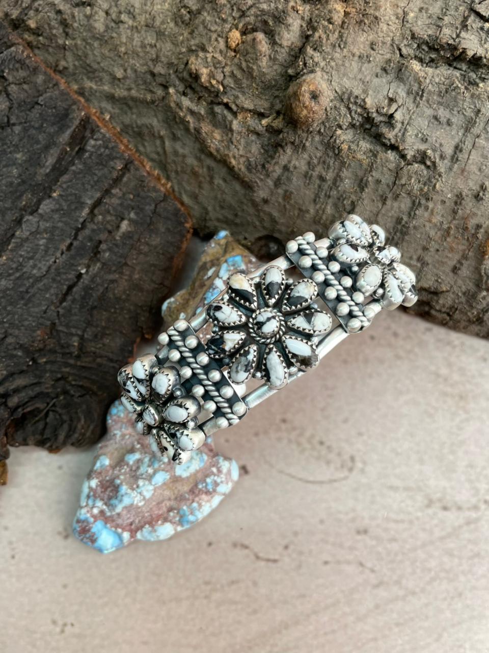 Handmade Sterling Silver White Buffalo Cuff Bracelet with Signed Nizhoni