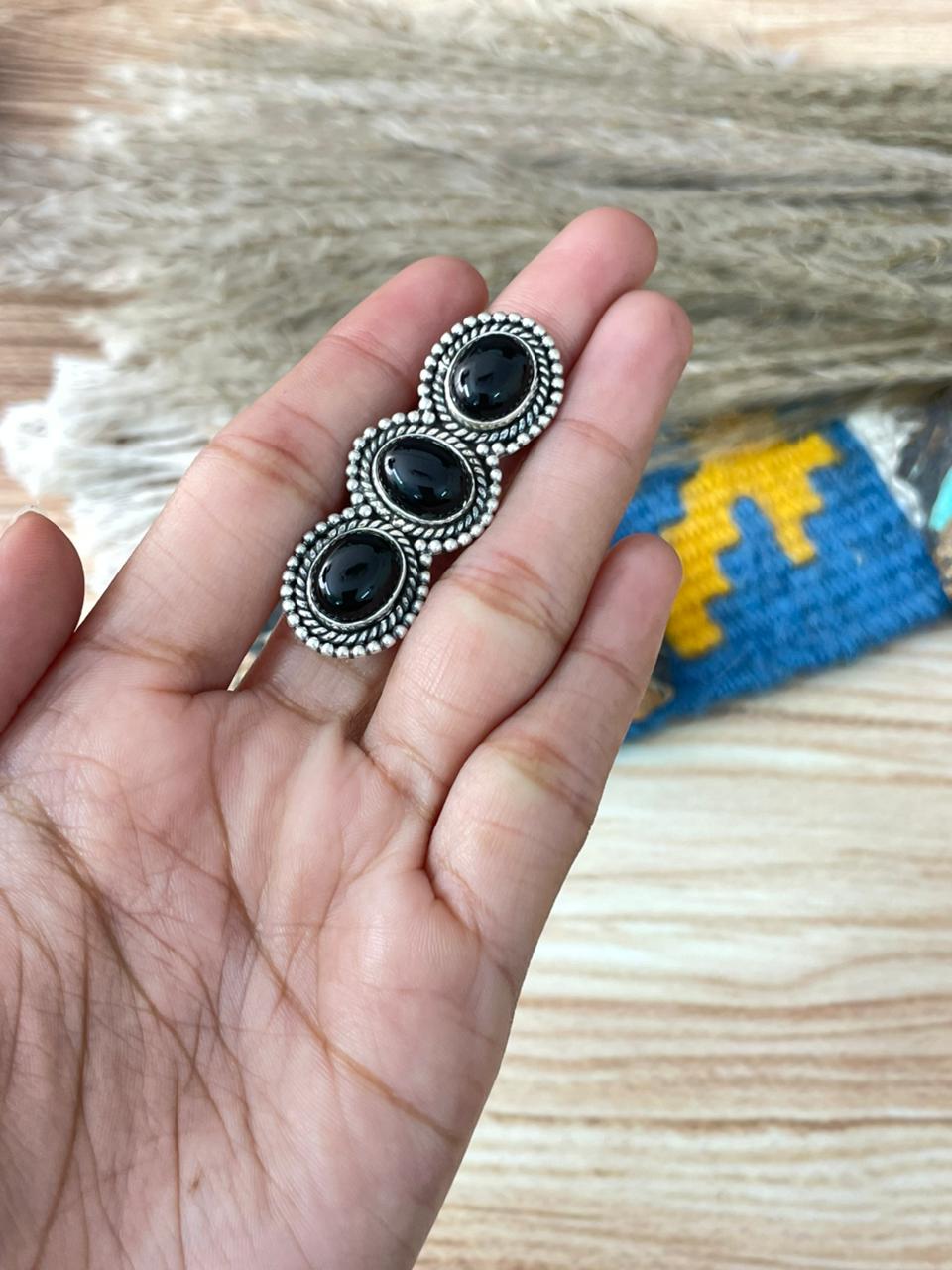 Handmade Sterling Silver Black Onyx Adjustable Ring "Signed Nizhoni"