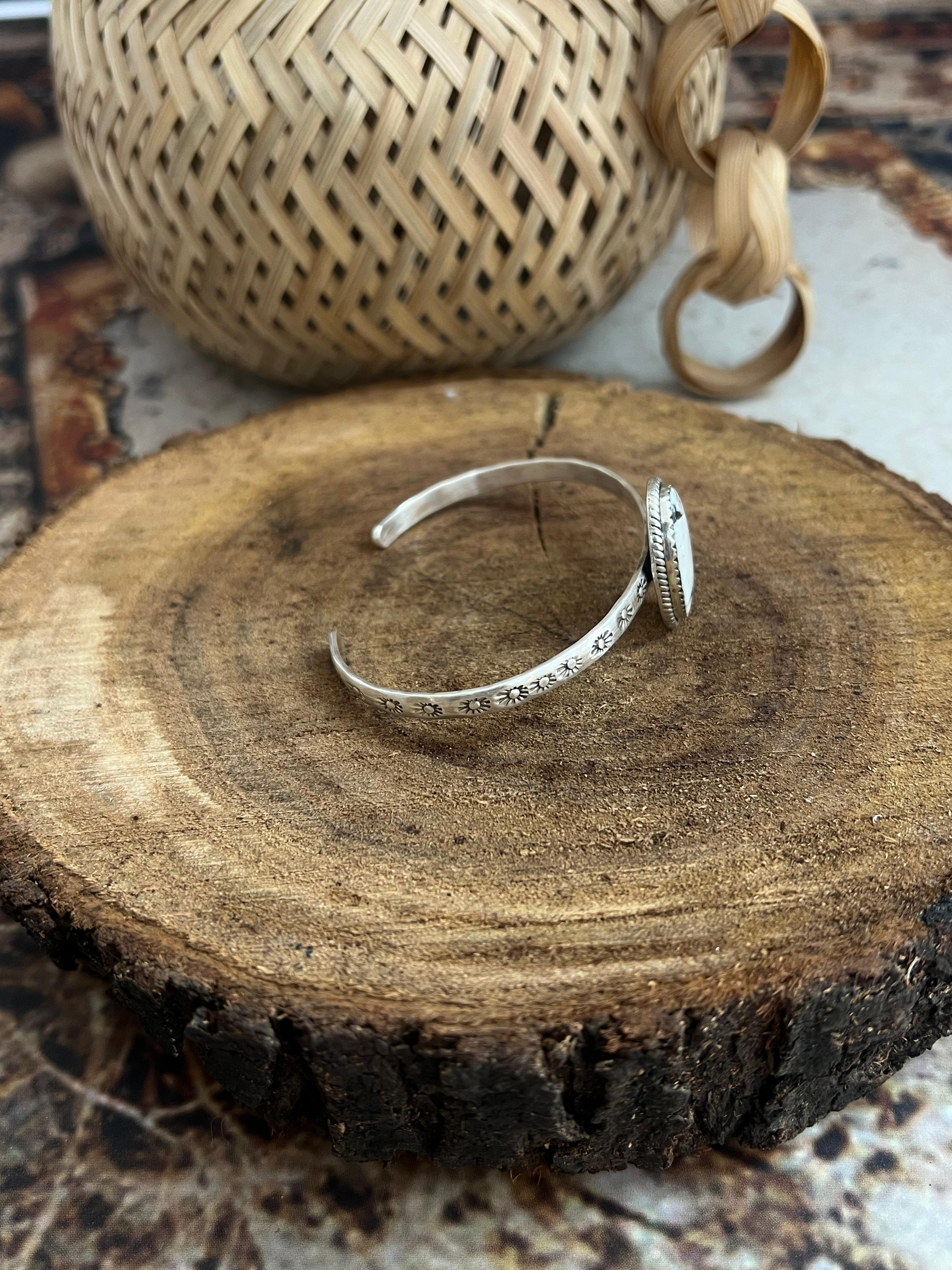Handmade Sterling Silver White Buffalo Bracelet with Signed Nizhoni