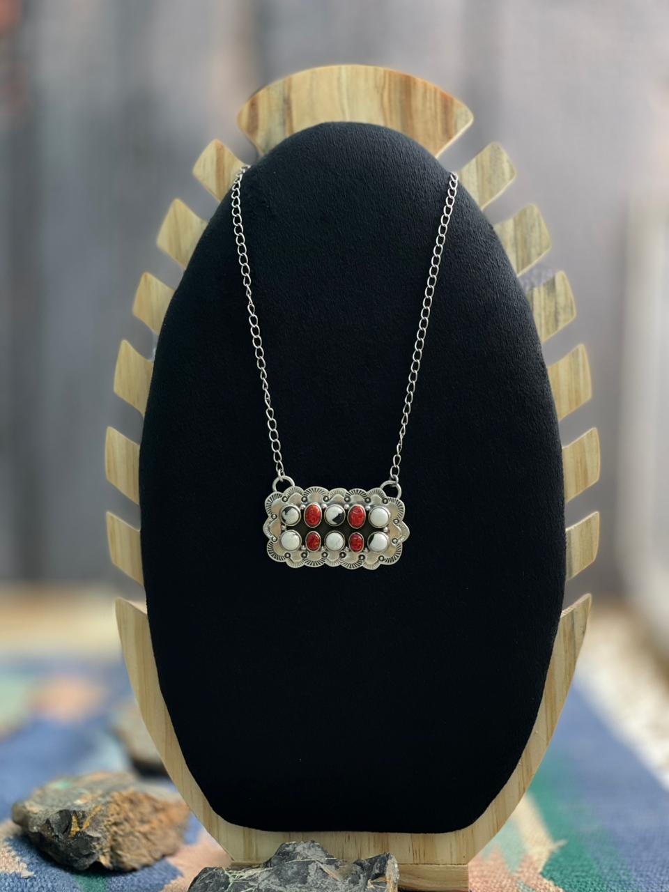 Handmade Sterling Silver White Buffalo with Red Opal Necklace "Signed Nizhoni"