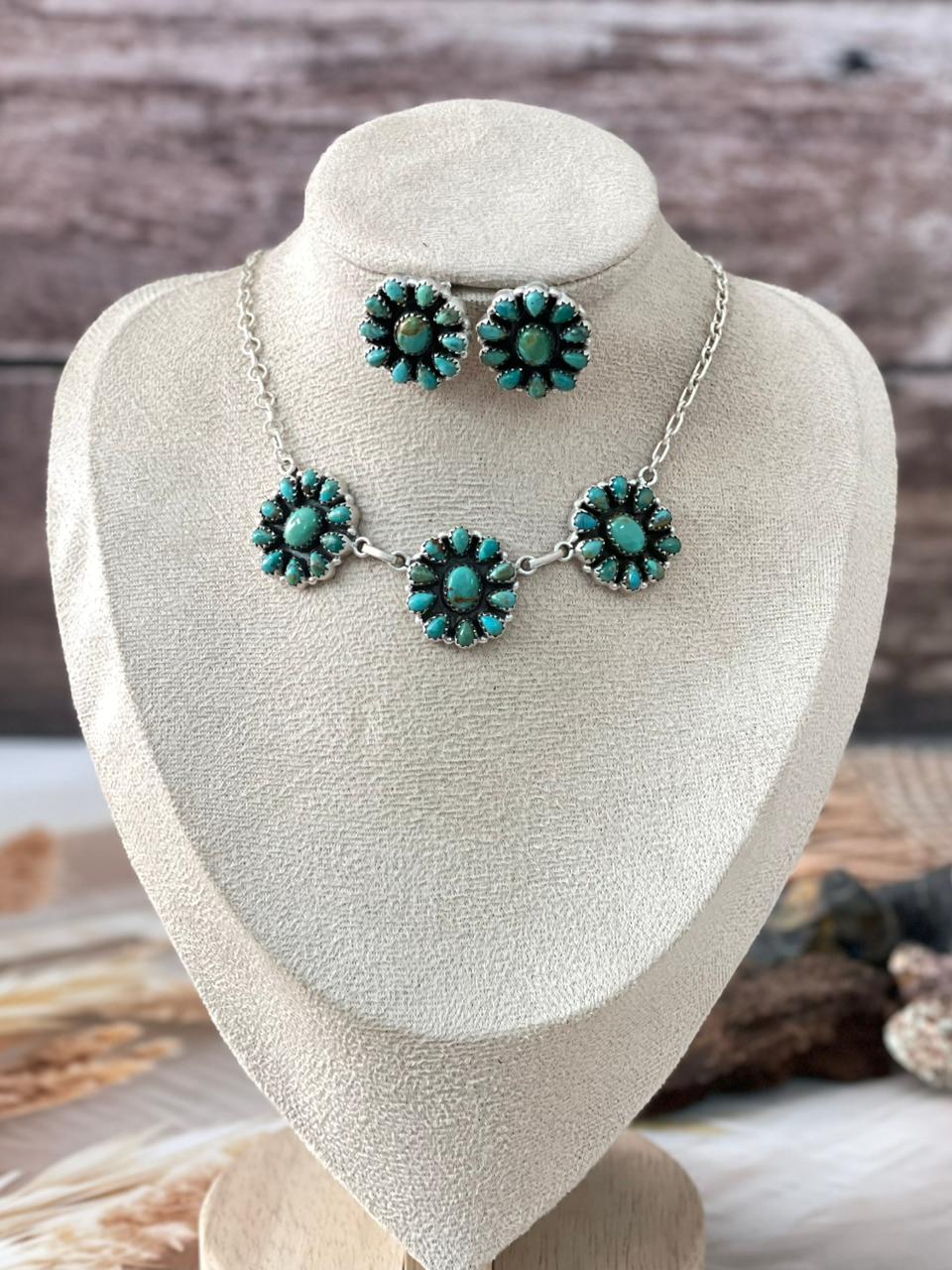 Handmade Sterling Silver Kingman Turquoise Necklace Earrings Set "Signed Nizhoni"