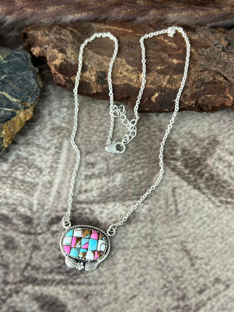 Handmade Sterling Silver Cotton Candy Cobble Stone Necklace "Signed Nizhoni"