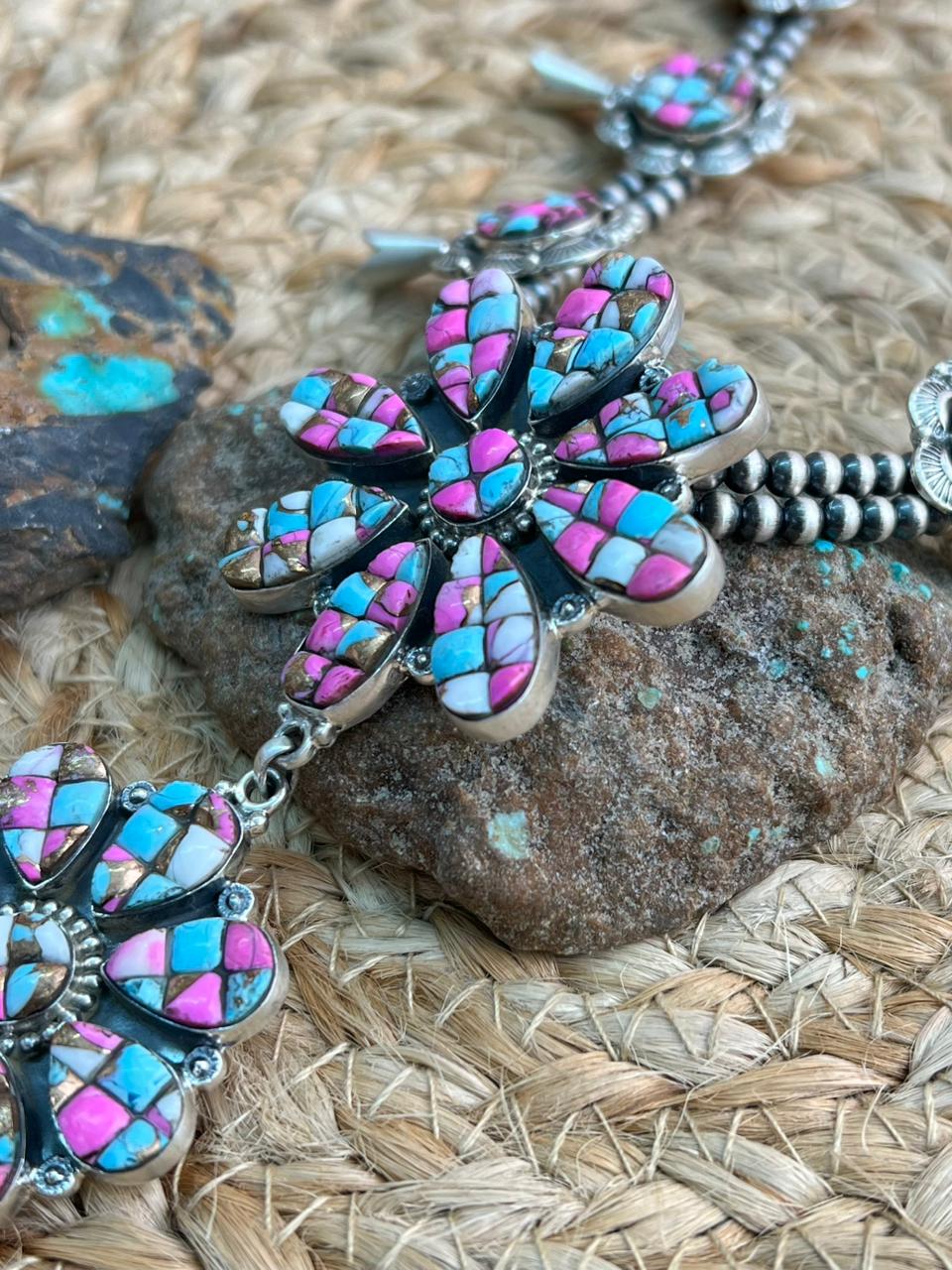 Handmade Sterling Silver Beaded Blossom Cotton Candy Necklace "Signed Nizhoni"