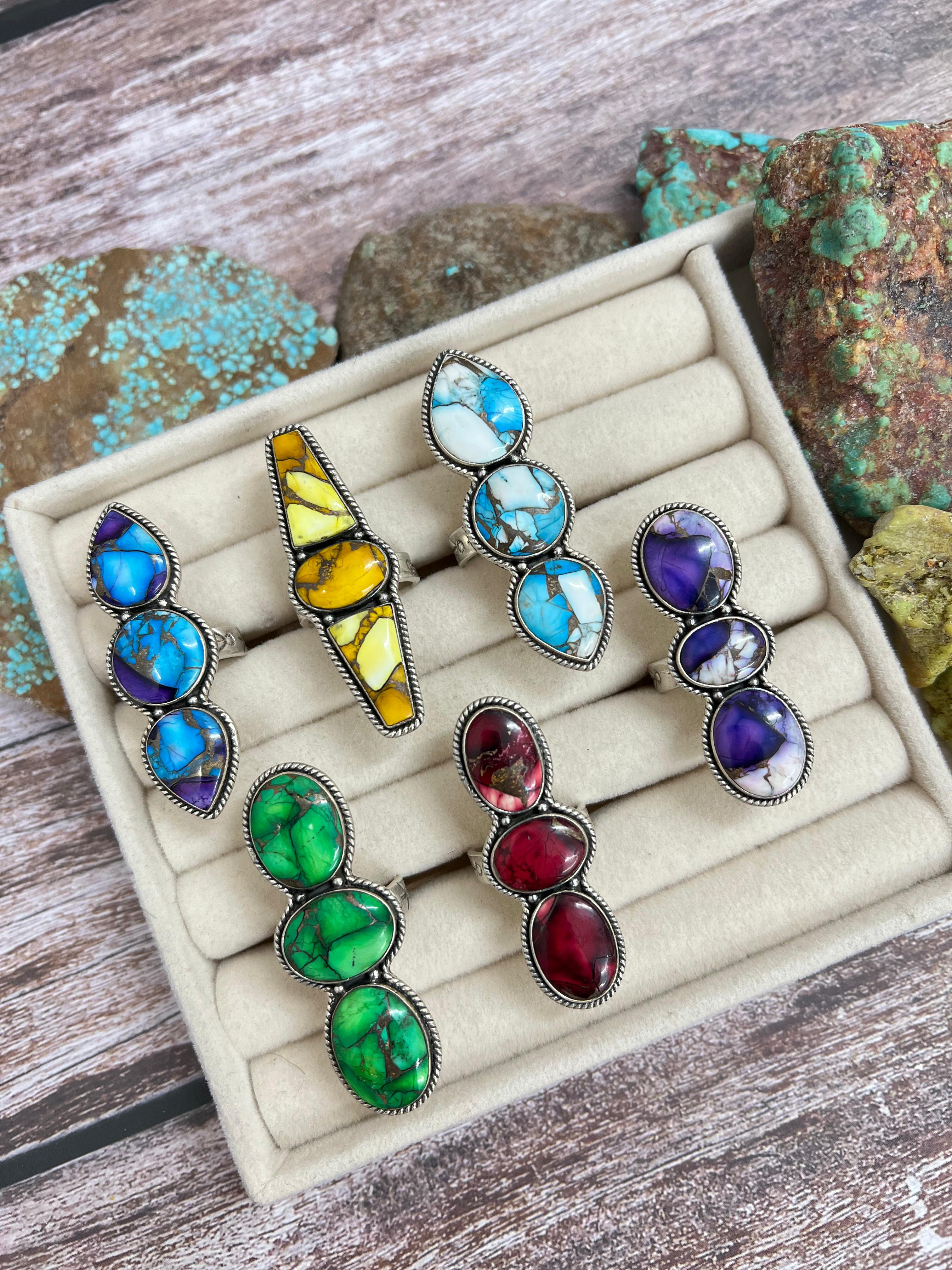 Handmade Sterling Silver Multi Stones Adjustable Ring with Signed Nizhoni