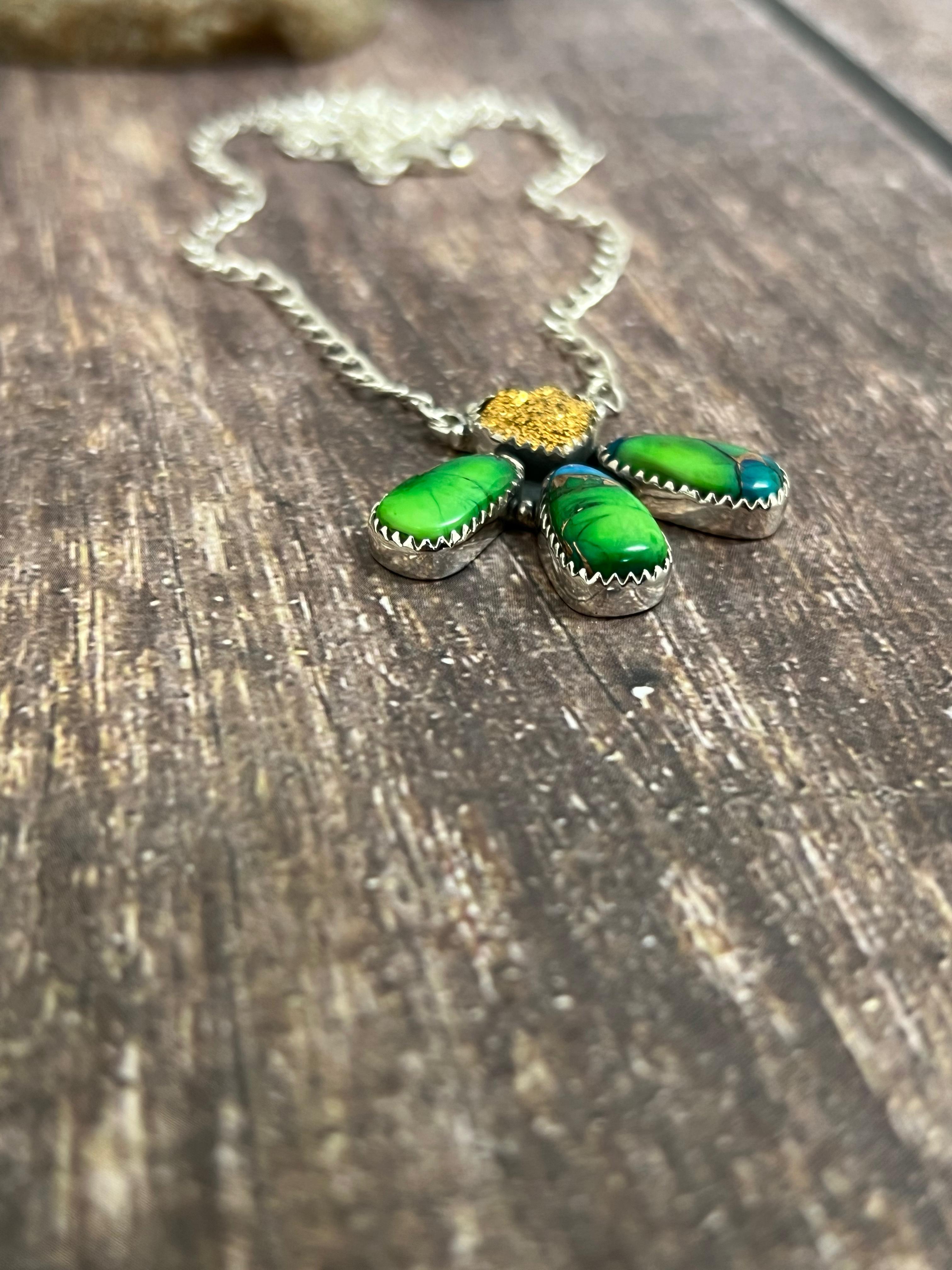 Handmade Sterling Silver Peacock Dahlia with Druzy Necklace with Signed Nizhoni