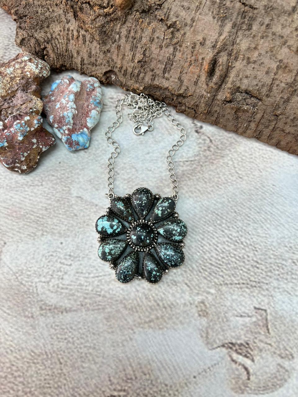 Handmade Sterling Silver Lander Turquoise Necklace with Signed Nizhoni