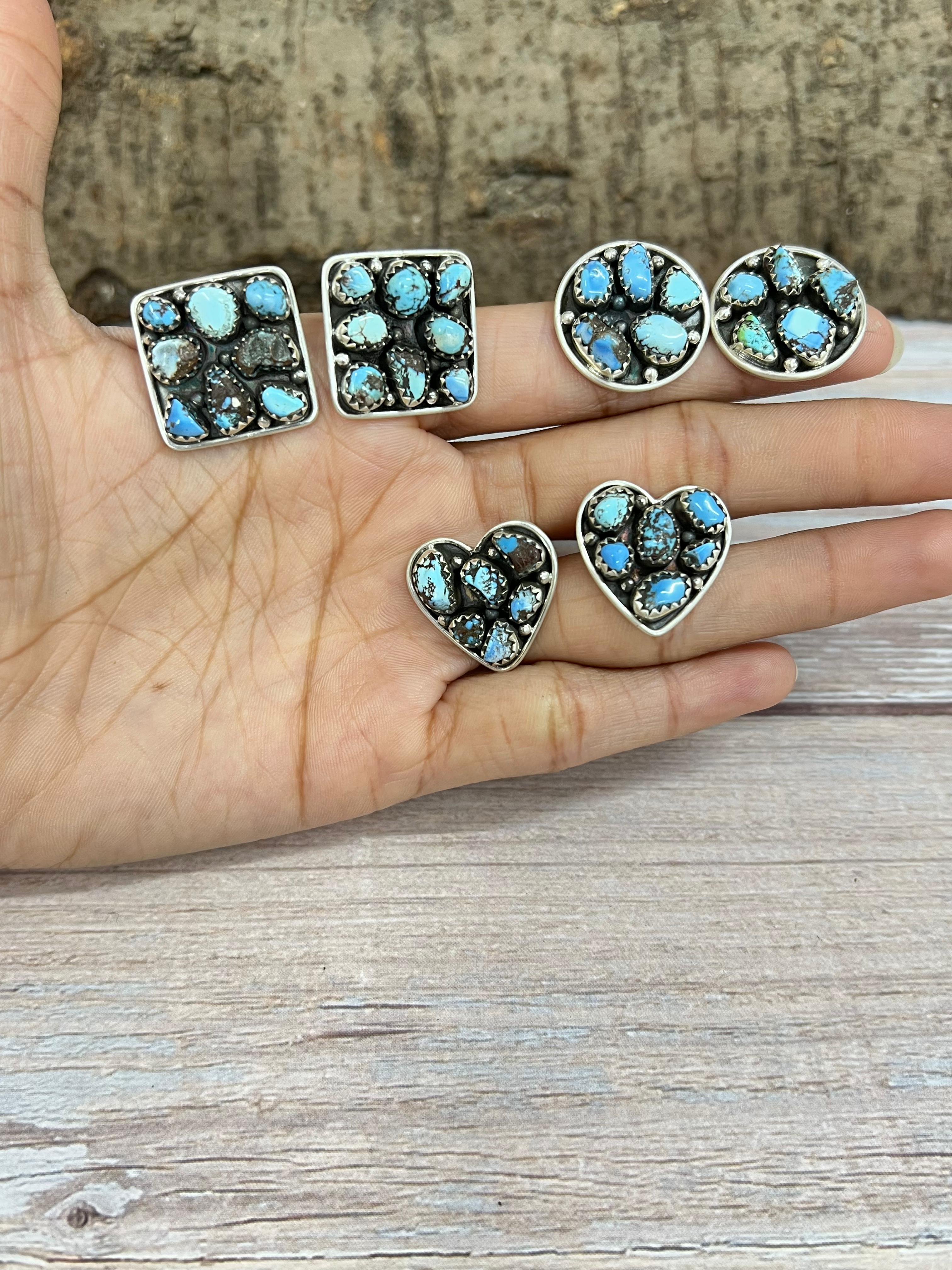 Handmade Sterling Silver Golden Hill Turquoise Post Earrings with Signed Nizhoni