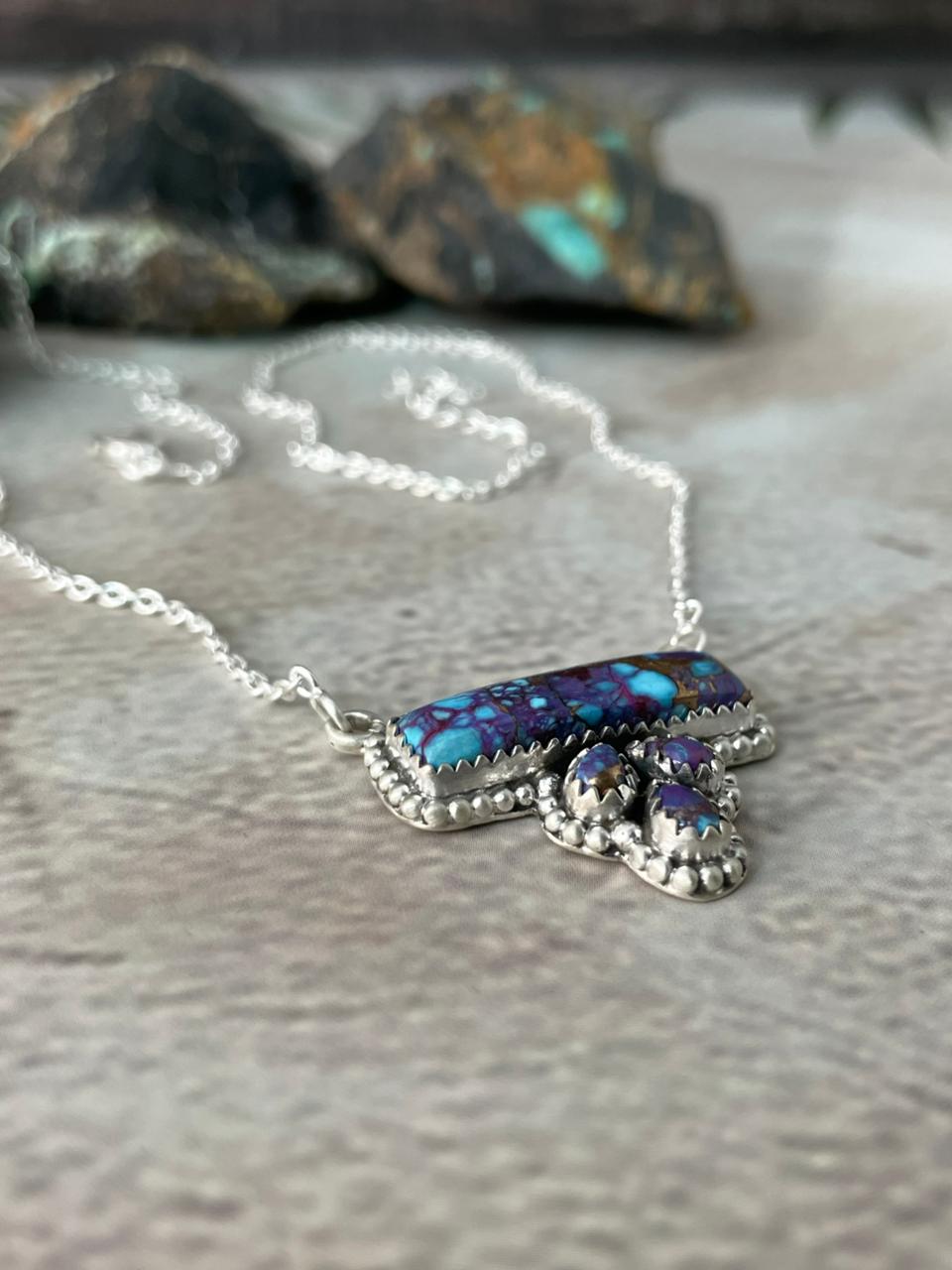 Handmade Sterling Silver Purple Blue Turquoise Necklace "Signed Nizhoni"