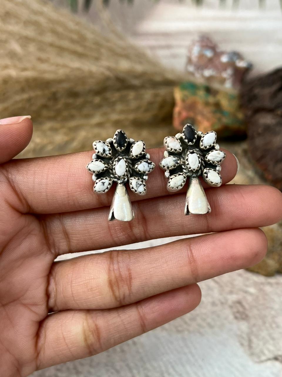 Handmade Sterling Silver White Buffalo Post Studs Earrings "Signed Nizhoni"