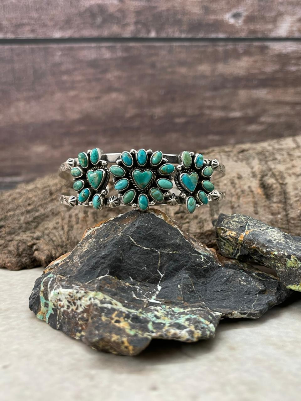 "Heart Collection" Handmade Sterling Silver Kingman Turquoise Bracelet "Signed Nizhoni"