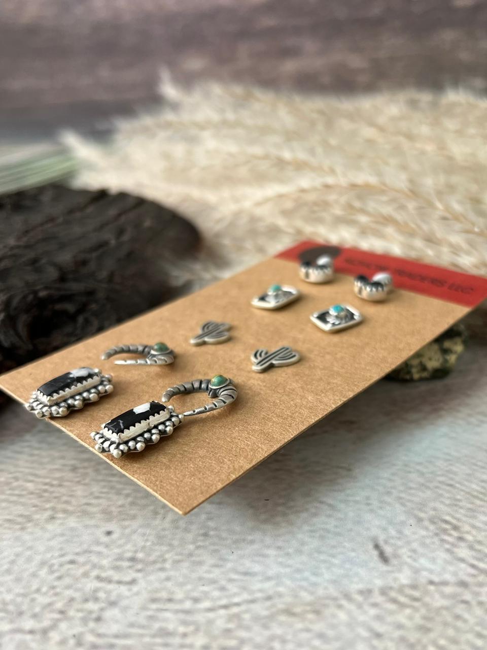 Handmade Sterling Silver Kingman Turquoise with White Buffalo Post Studs Earrings Card