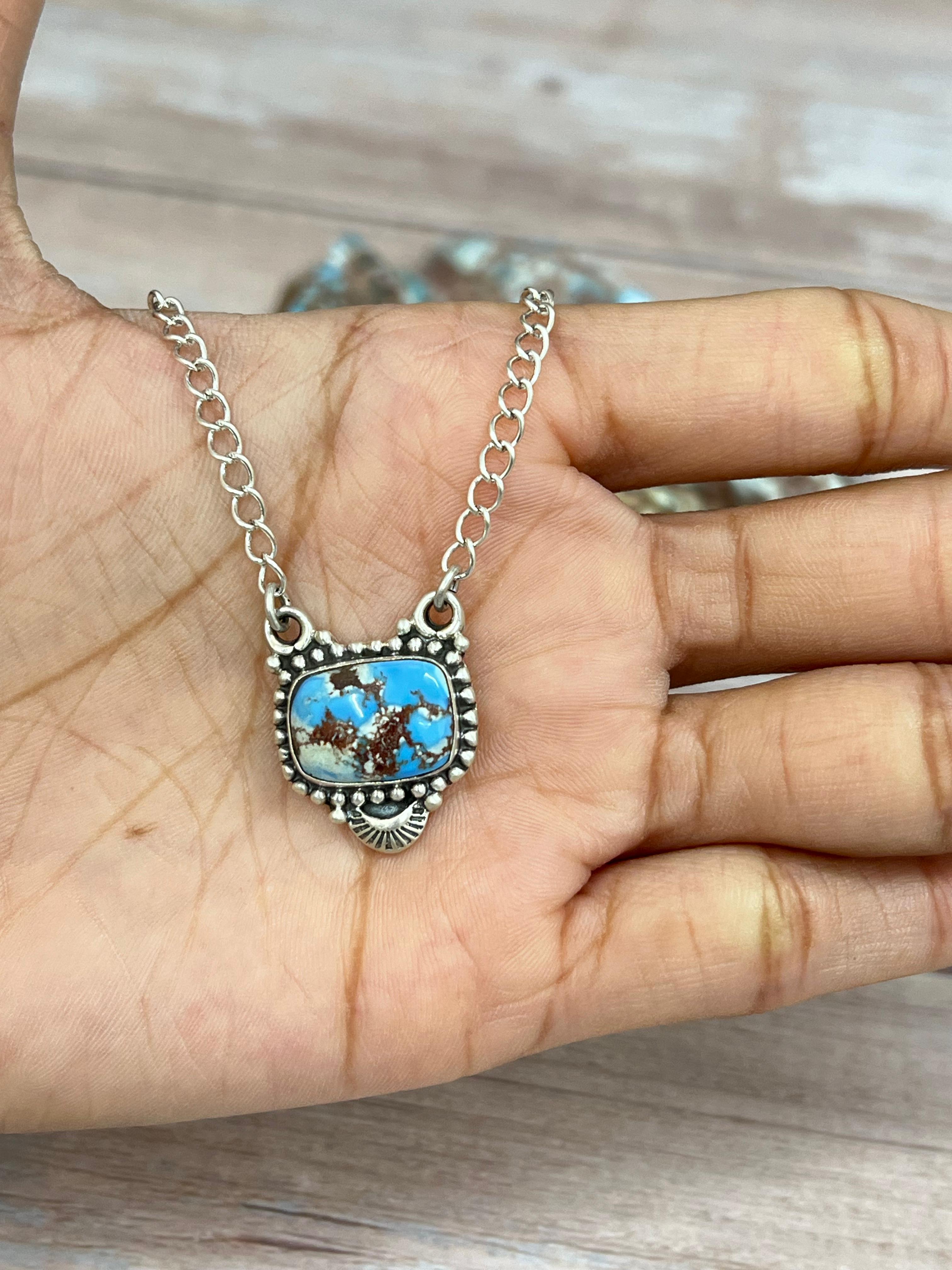 Handmade Sterling Silver Golden Hills Turquoise Necklace with Signed Nizhoni