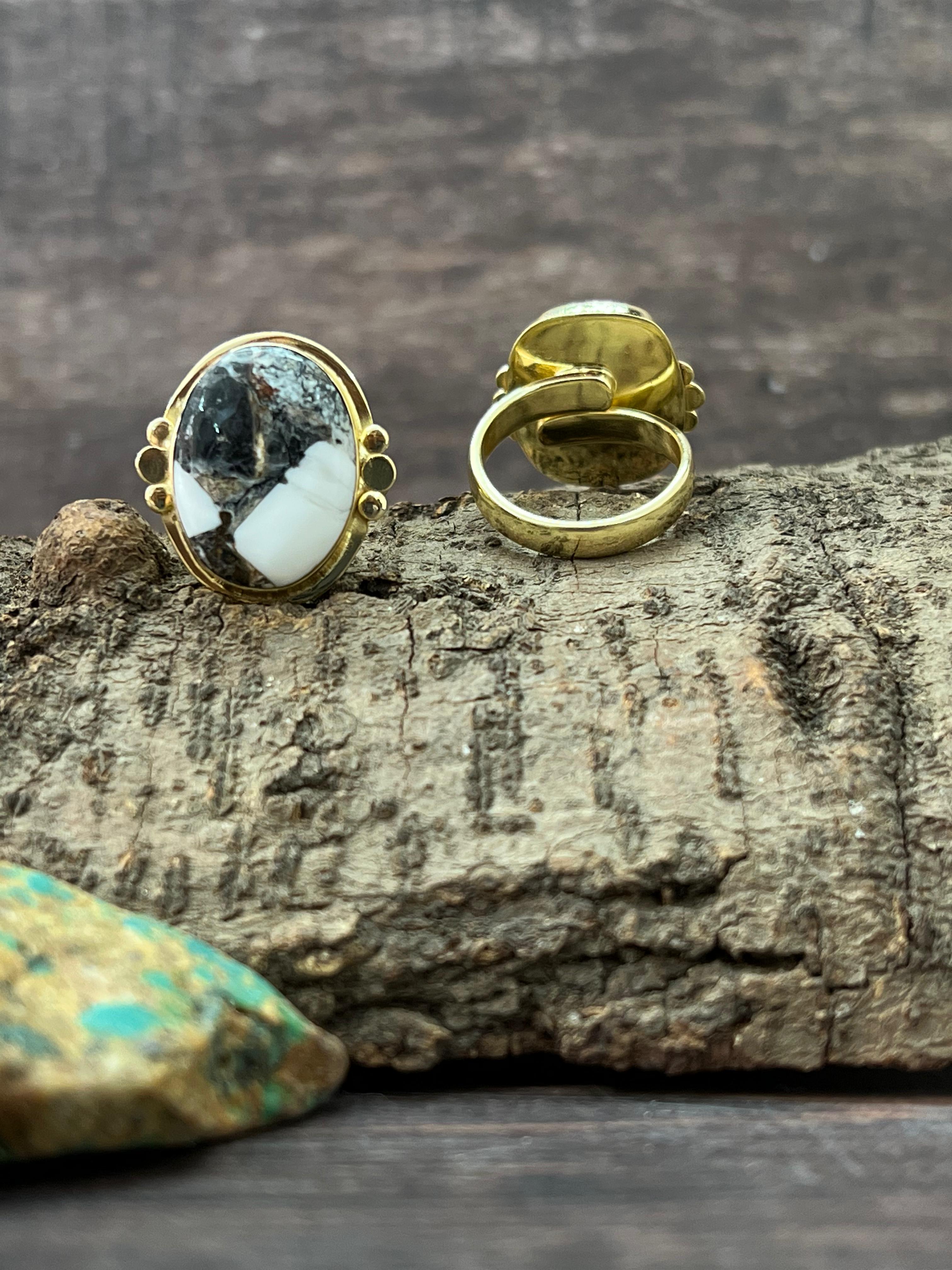 “The Golden Collection” Natural White Buffalo, Peacock Dahlia Adjustable Ring