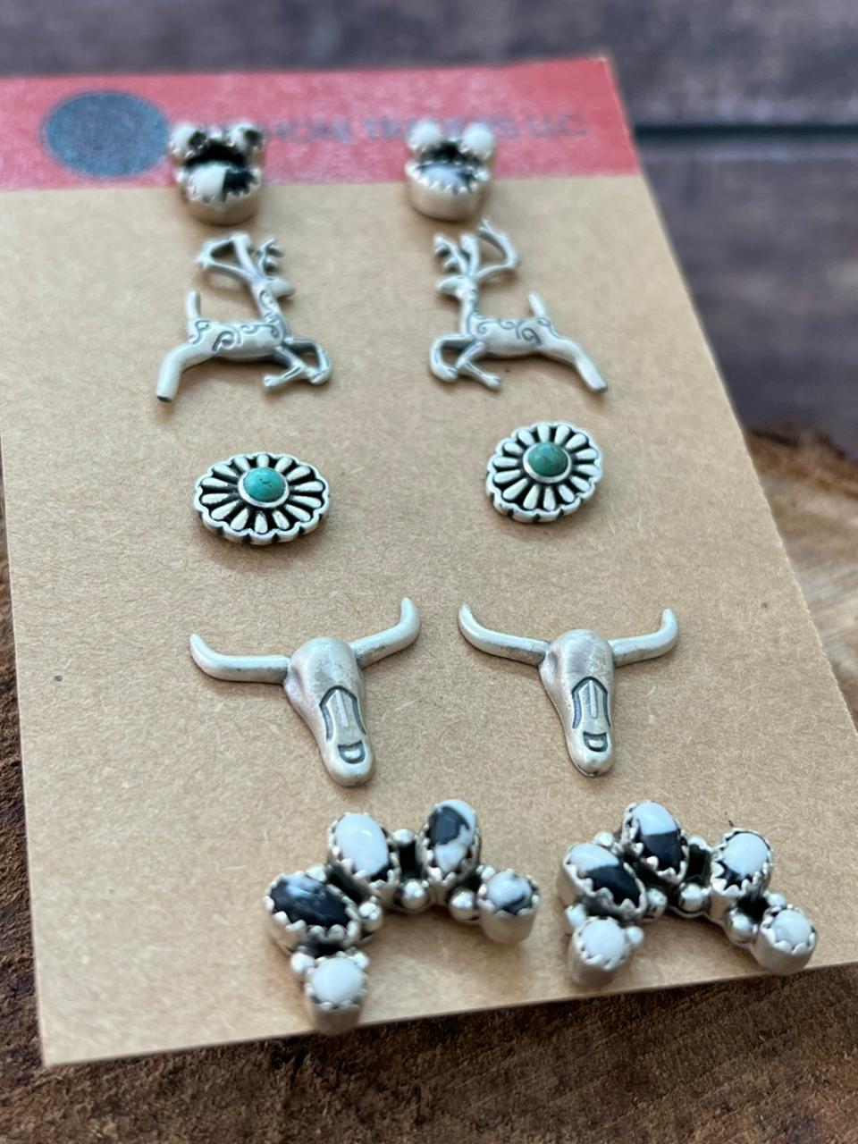 Handmade Sterling Silver White Buffalo with Kingman Turquoise Post Studs Earrings Set (1)
