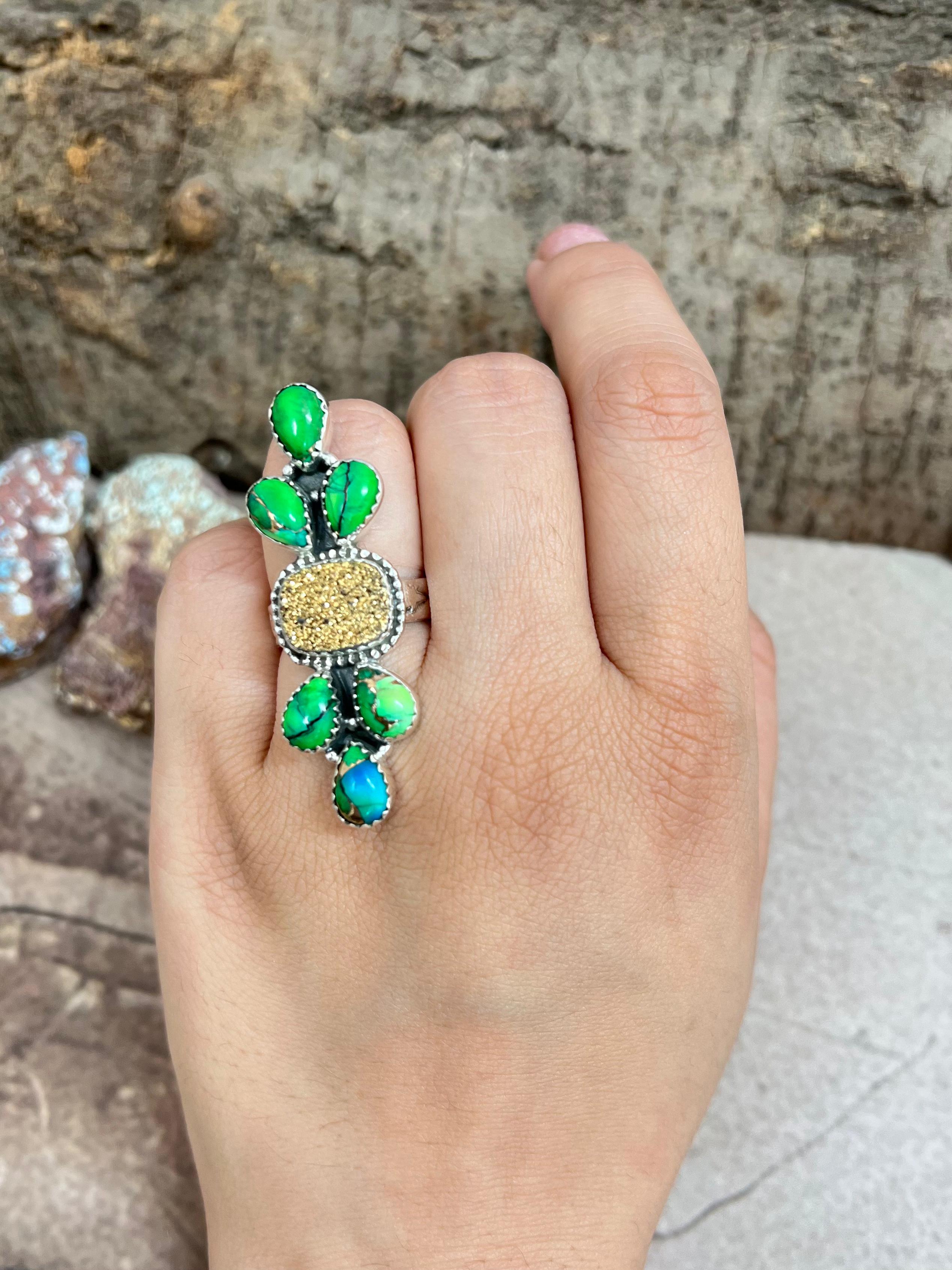 Handmade Sterling Silver Peacock Dahlia with Druzy Adjustable Ring with Signed Nizhoni