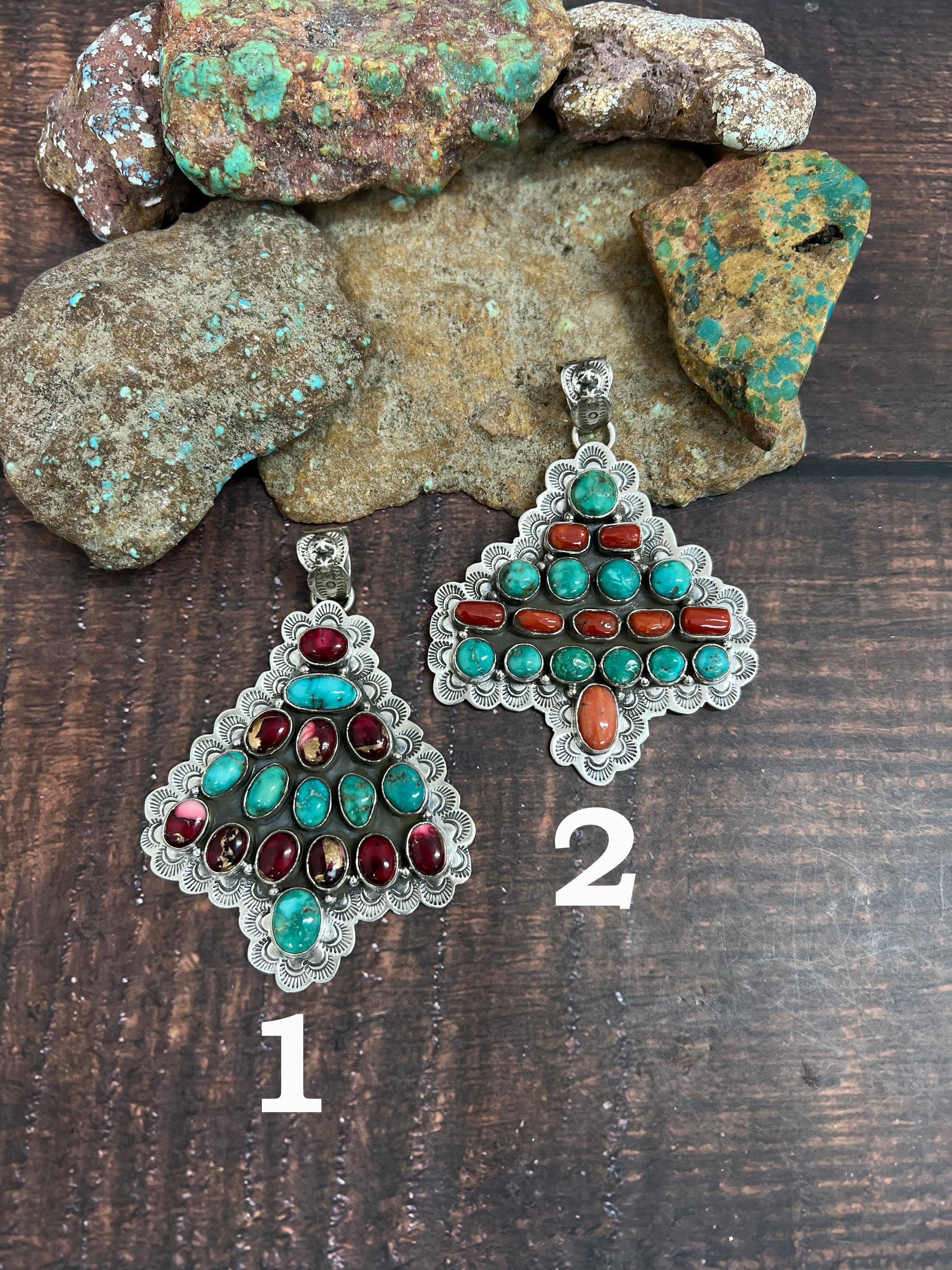 Handmade Sterling Silver Emerald Valley, Coral and Dahlia Rose Pendant, Signed Nizhoni