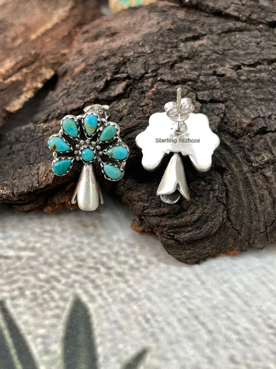 Handmade Sterling Silver Kingman Turquoise Studs Post Earrings "Signed Nizhoni"