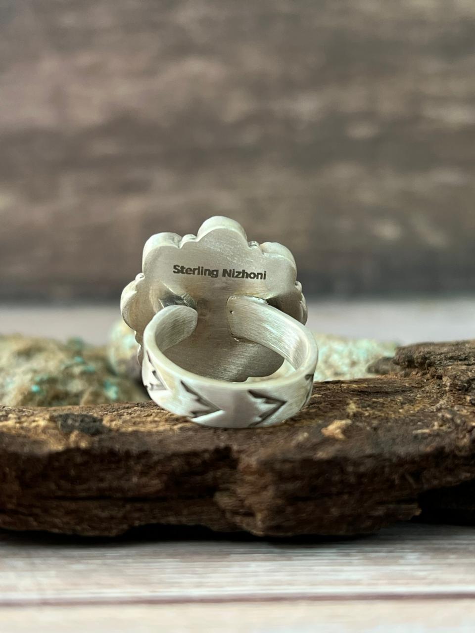 Handmade Sterling Silver Peacock Dahlia Adjustable Ring With Signed Nizhoni