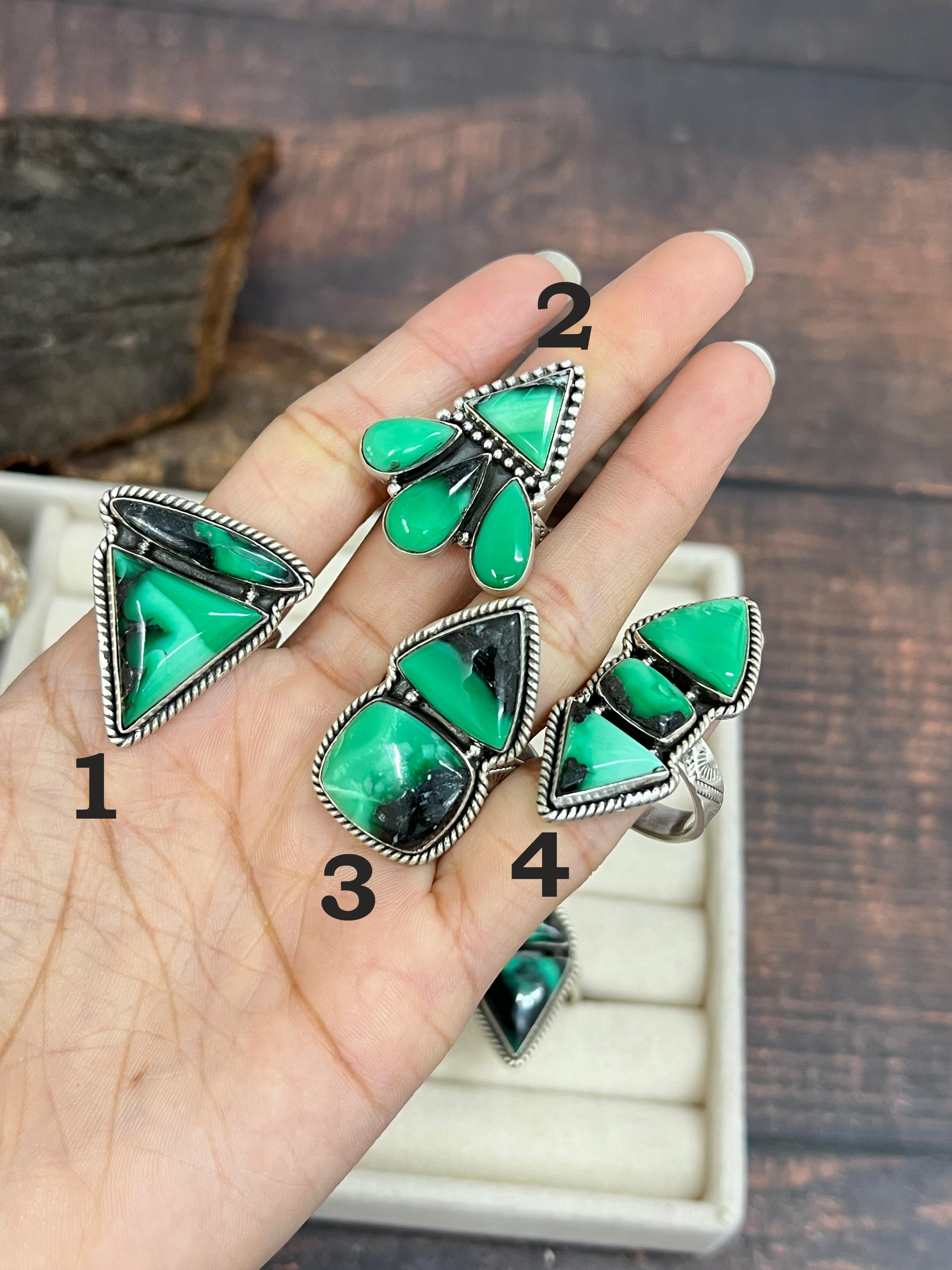 Handmade Sterling Silver Emerald Rose Variscite Adjustable Ring Signed Nizhoni