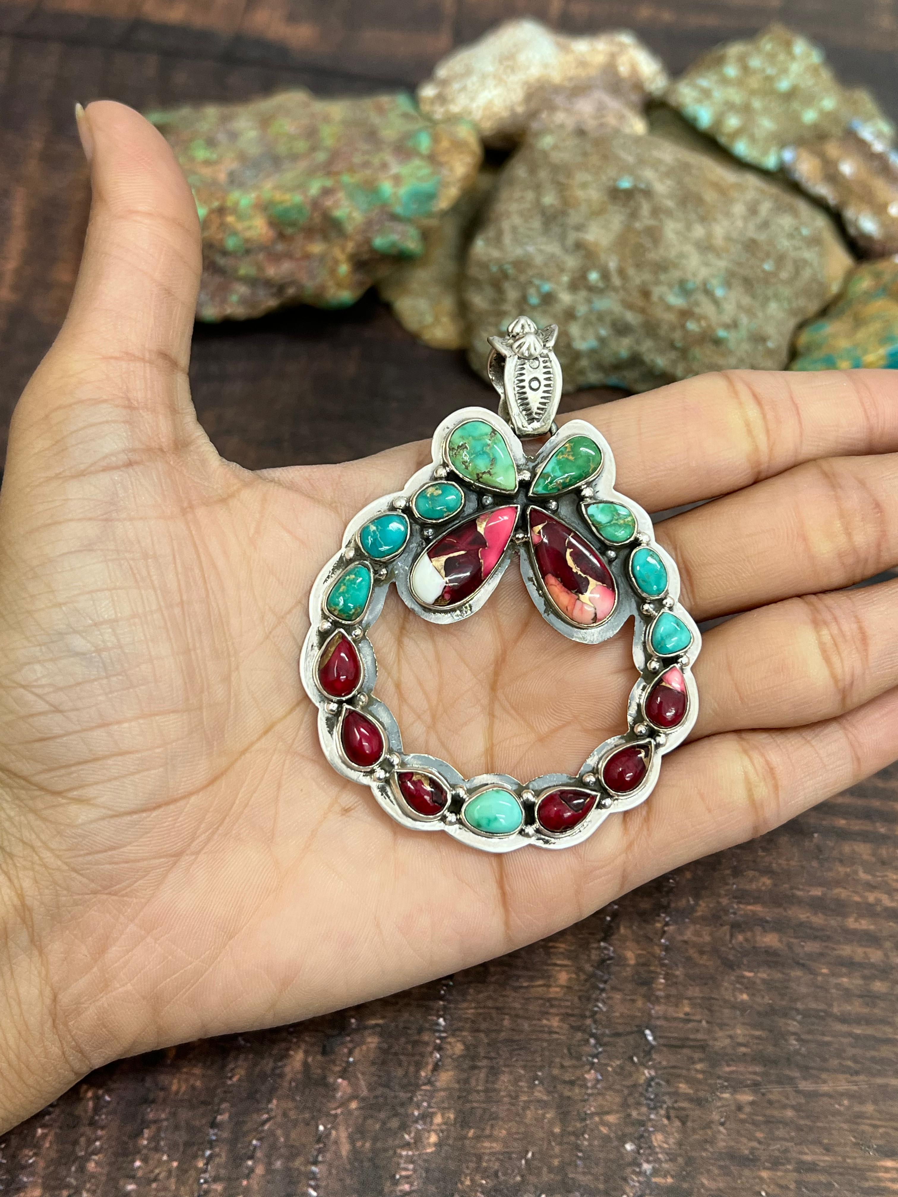 Handmade Sterling Silver Dahlia Rose with Emerald Valley Pendant, Signed Nizhoni