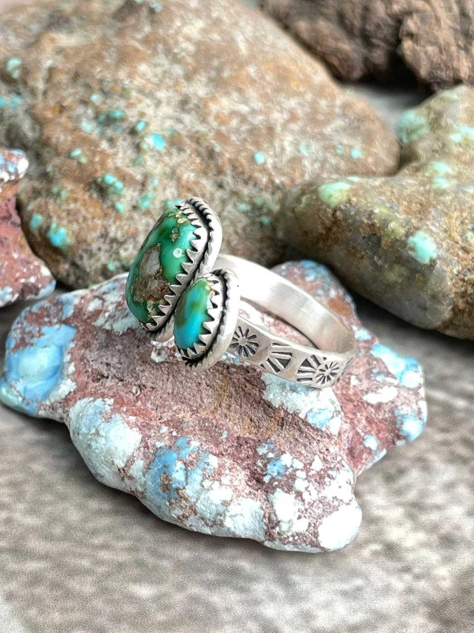 Handmade Sterling Silver Sonoran Mountain Turquoise Adjustable Ring with Signed Nizhoni
