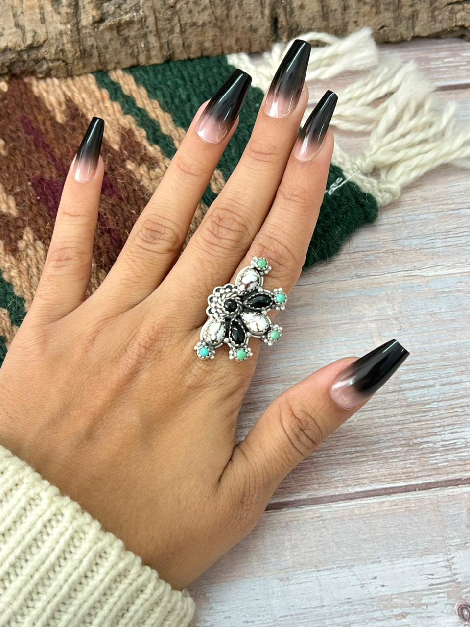 Handmade Sterling Silver Kingman with Black Onyx, Wildhorse Adjustable Ring "Signed Nizhoni"