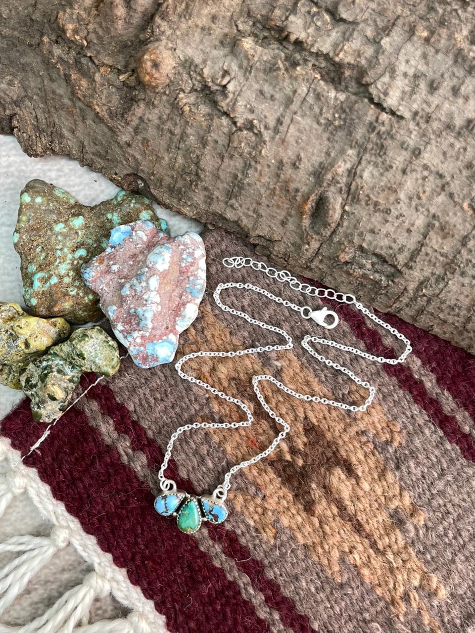 Handmade Sterling Silver Golden Hills Turquoise with Sonoran Mountain Turquoise Necklace "Signed Nizhoni"