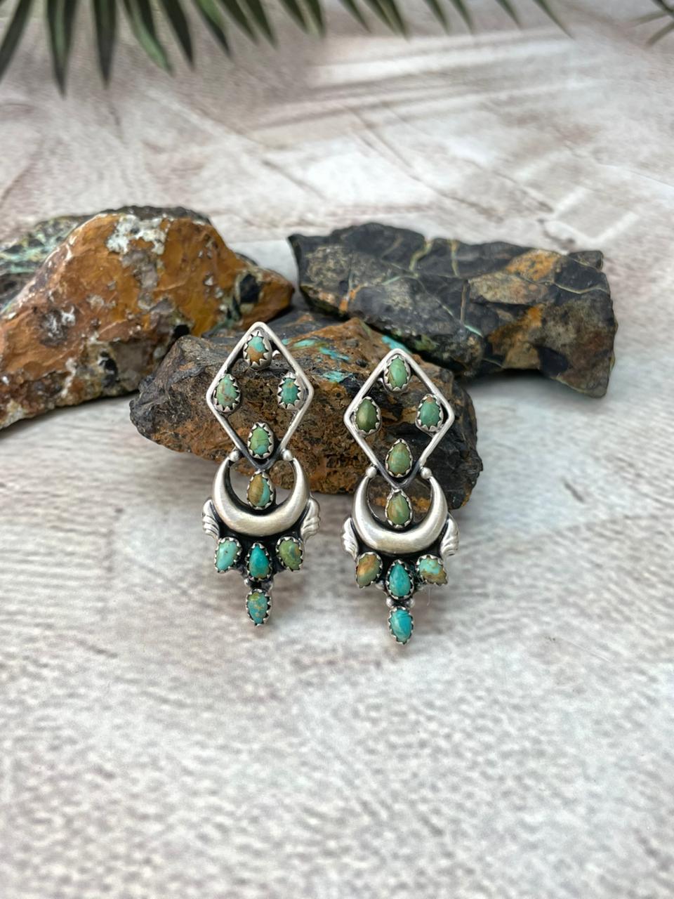Handmade Sterling Silver Kingman Turquoise Post Dangle Earrings "Signed Nizhoni"