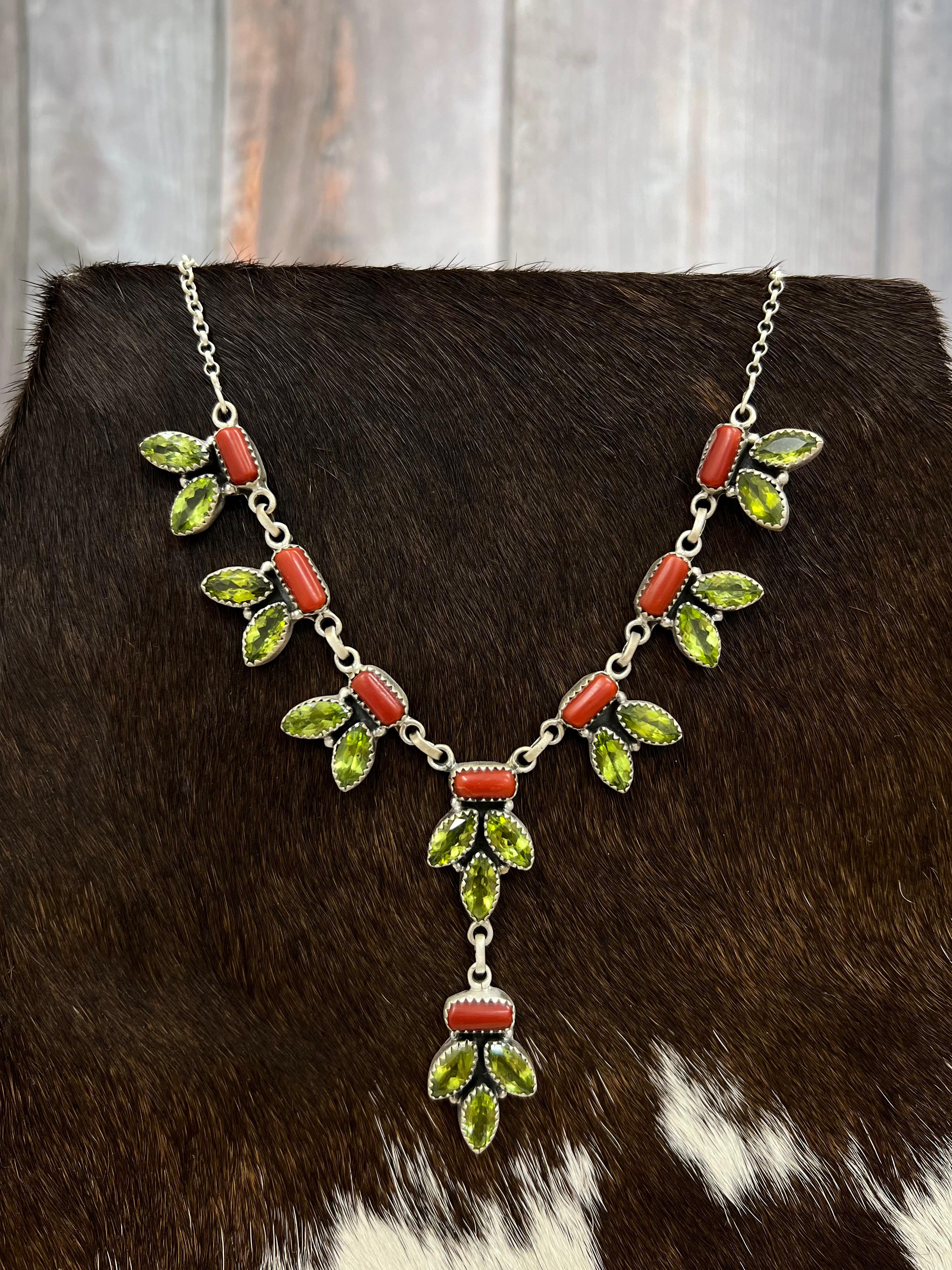 Christmas Collection Handmade Sterling Silver Coral with Peridot Necklace with Signed Nizhoni