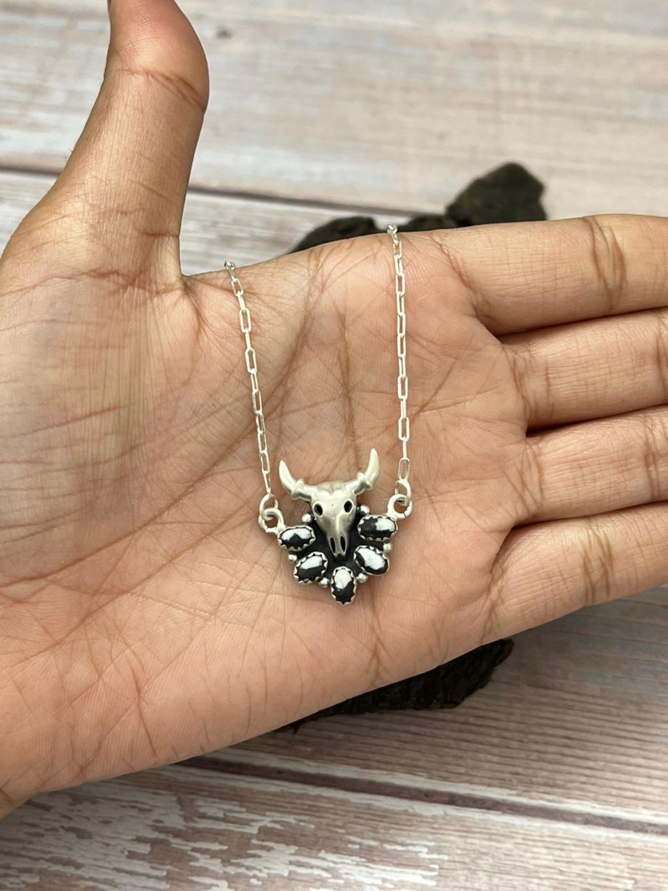 Handmade Sterling Silver White Buffalo Bull Necklace "Signed Nizhoni"