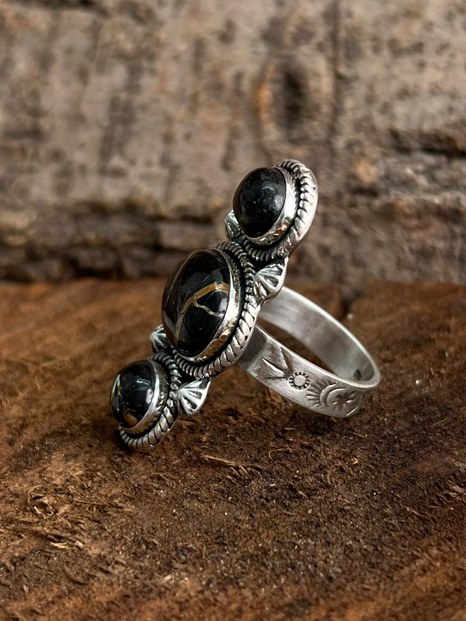 Handmade Sterling Silver Blackjack Turquoise Adjustable Ring "Signed Nizhoni"