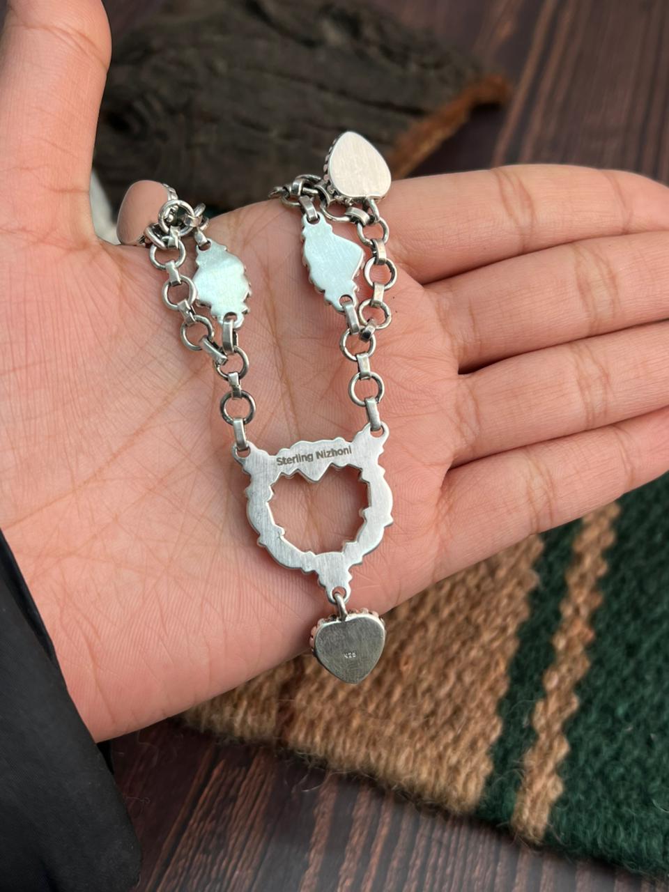 "Heart Collection" Handmade Sterling Silver Kingman Turquoise Necklace "Signed Nizhoni"