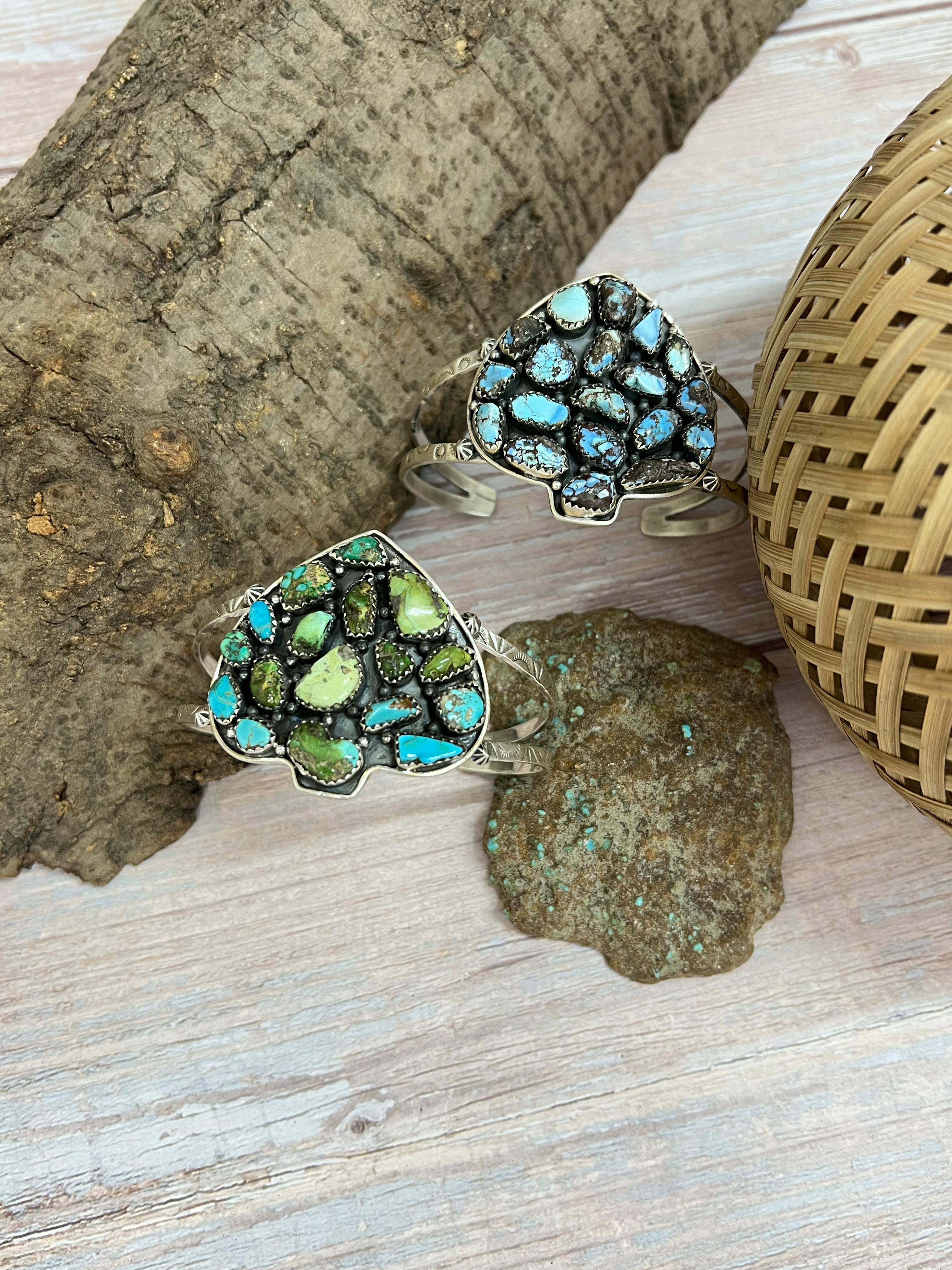 Handmade Sterling Silver Golden Hill, Sonoran Mountain Turquoise Spade Bracelet with Signed Nizhoni /