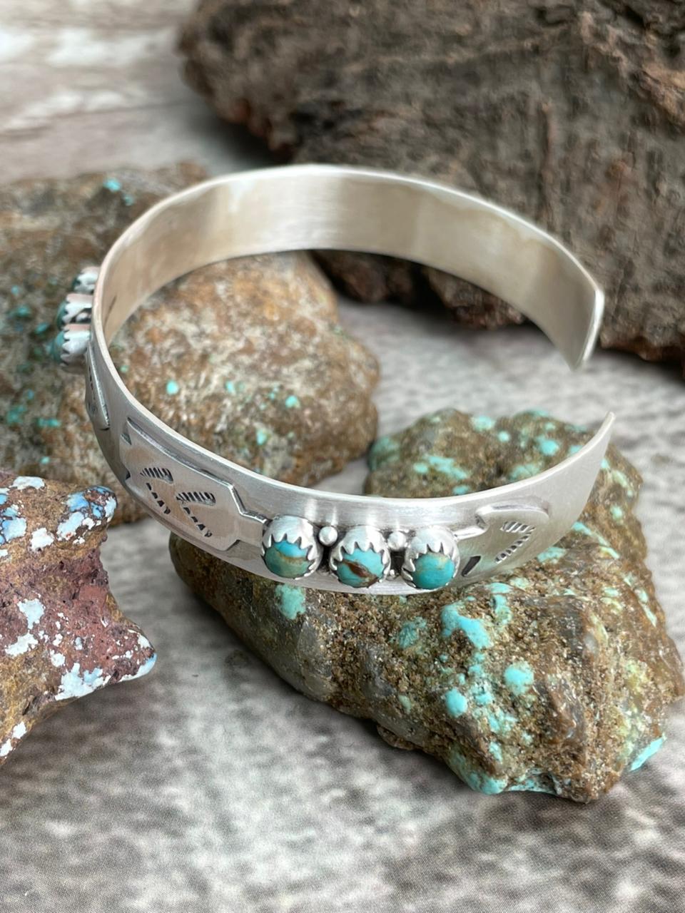 Handmade Sterling Silver Kingman Turquoise Cuff Bracelet with Signed Nizhoni