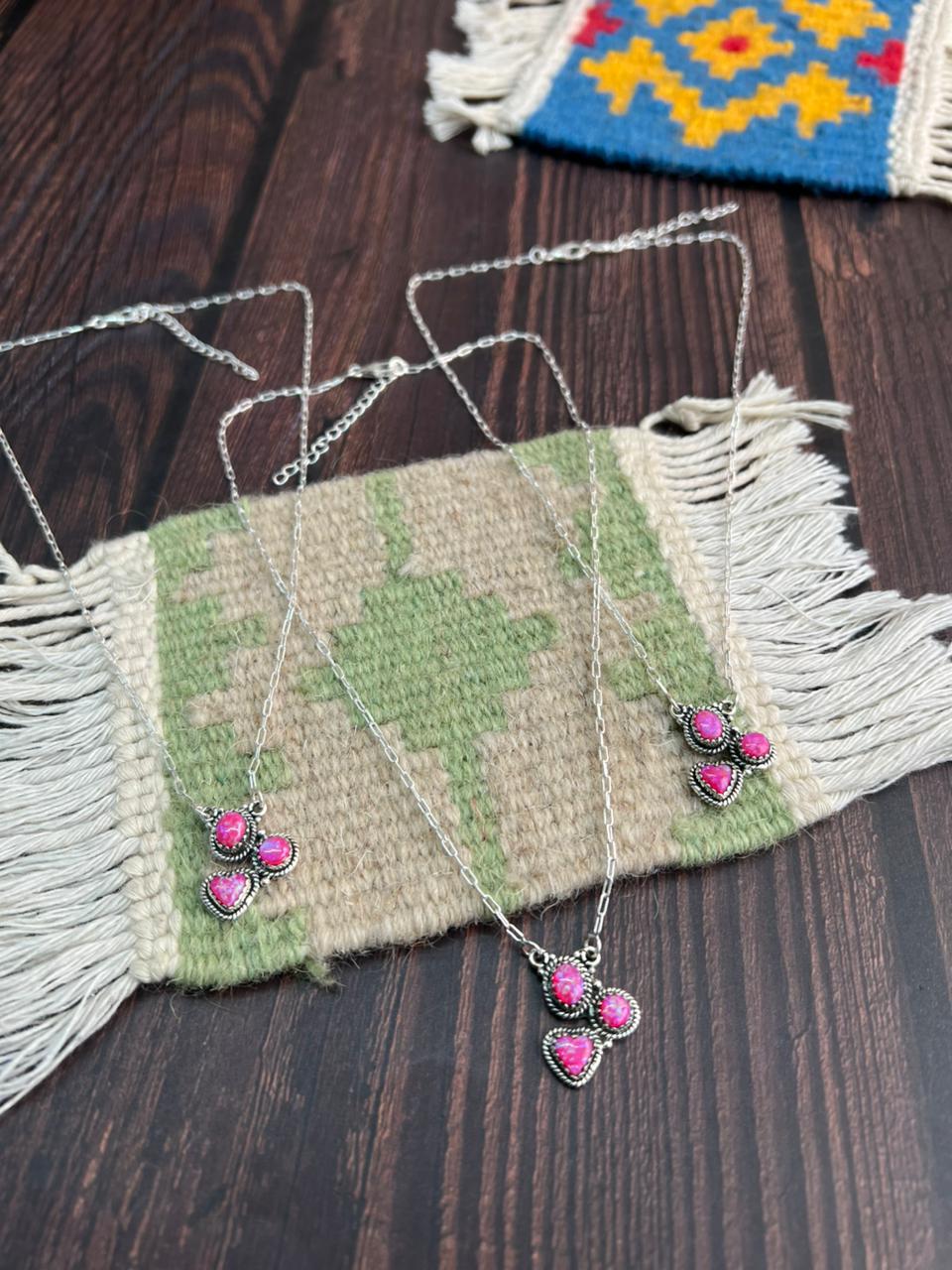 "Heart Collection" Handmade Sterling Silver Hot Pink Necklace "Signed Nizhoni"