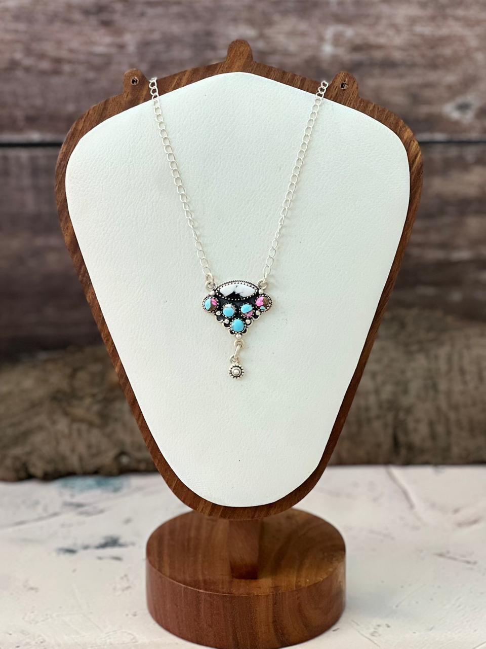 Handmade Sterling Silver Cotton Candy with White Buffalo Necklace "Signed Nizhoni"