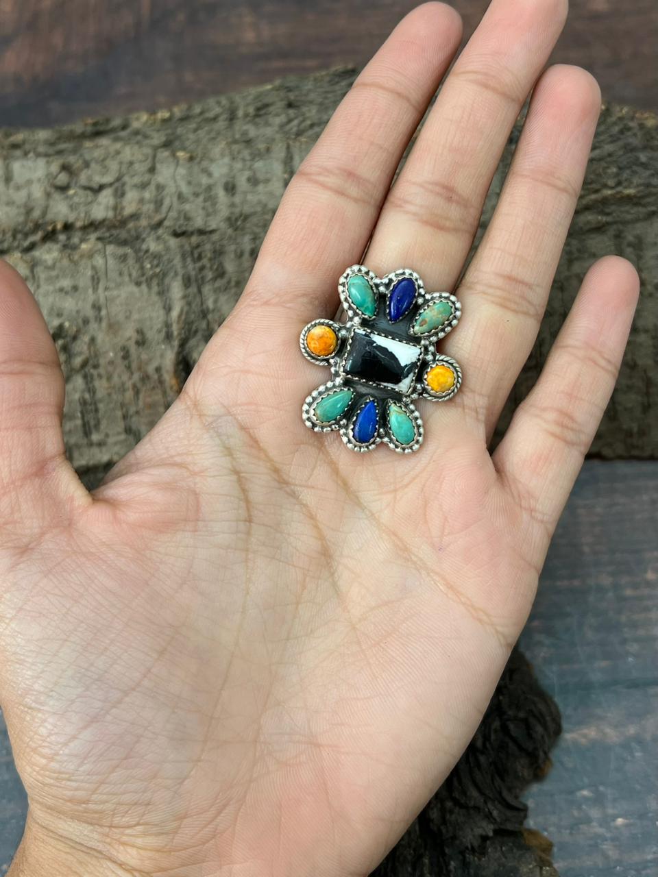 Handmade Sterling Silver Lapis, Kingman, Honey Dahlia, White Buffalo Adjustable Ring "Signed Nizhoni"